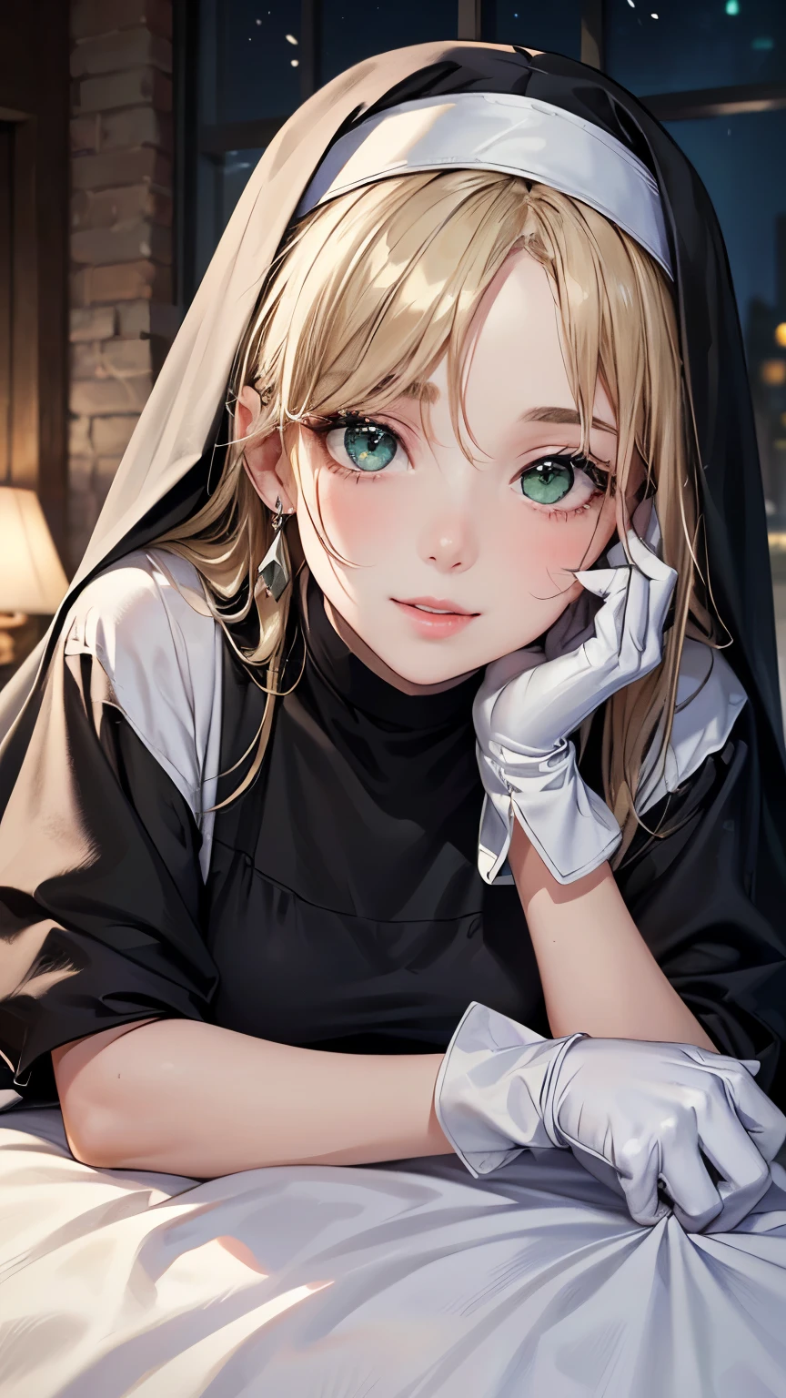  1 girl，Blonde long hair，((Hide one eye))，((Clear green eyes))，((Nun in religious garb))，((4K，8k，CG Unity，Masterpiece，masterpiece，Best Quality:1.5))，Official image，Perfectly correct anatomy，((Realistic:1.2))，Bust Up，((Staring at the camera with a gentle smile ))，((Lying face down on the bed))，A pose that attracts men， Perfect Beautiful Girl ，Beautiful woman， Supermodels， Beautiful Detailed Skin Texture ，Beautiful Lips，Very detailed acrylic painting，Very beautiful and smooth hair， Pro Lighting，Perfectly correct hand shape， Black Pleated Micro Mini Skirt，Black thigh-high stockings，Black pumps，White gloves，Small sparkling earrings，Bedroom at night