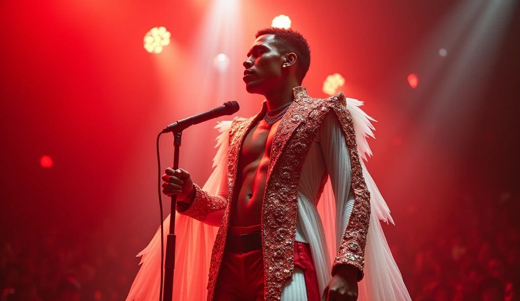 A photo of the character dressed in a dazzling showgirl costume, surrounded by feathers and sequins, striking a pose on the glitzy cabaret stage.,original,He is a black man with a large Afro. He likes to wear gray sweatpants and no shirt. , male