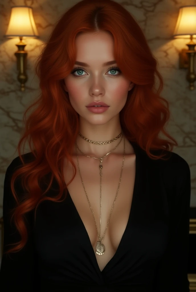 arafed woman with red hair and a black dress posing for a picture, a portrait by Alexander Fedosav, pexels, fine art, red wig, wavy vibrant red hair, vibrant red, vibrant red hair, red hair and attractive features, bright red hair, short red hair, wavy big red hair, strong red hue, with curly red hair