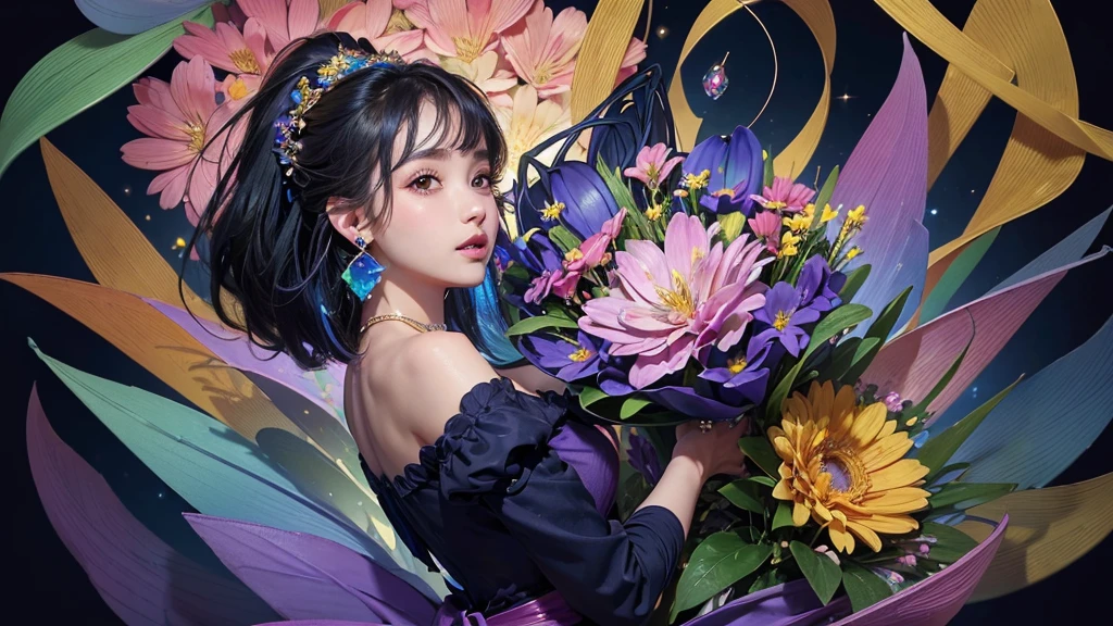 32K, 最高quality, 最高masterpiece, (ultra-Detailed Background, Detailed Background), High resolution, Super detailed, Very detailedな, 1 personの, (bouquet:1.3), (Tangled:1.2), (Geometric:1.2),(colorful),(masterpiece, quality, best quality, Official Art, Beautiful and beautiful:1.2), (1 person:1.3), Very detailed,(colorful:1.1)(Flowers:1.3),Most detailed,(Tangled:1.2), whole body, (Abstract background:1.3), (Skin glows), (Many colors:1.4), ,(Earrings Jewelry:1.5), Purple-red pale background, It's imaginative., Milk tea colored hair,