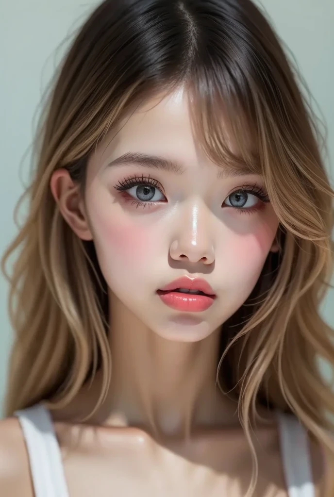 ((Extremely realistic)), ( super real), generate a highly realistic image, white backdrop,Soft studio lighting、front,15-year-old female,毛先ピンク色のshort bob blond hair,  STRAIGHT HAIR, I'm hiding my forehead with bangs,blue eyes,Long False Eyelashes、Thick lips, Open the center of your lips、extremely detailed lips, large mouth, full, plump, Lip balm for shiny, glossy lips、Pale pink lips , natural-looking makeup, transparent lip gloss, Underdeveloped small breasts, The texture of the skin is so clear that you can see the lines of blood vessels under the skin by ray tracing、Sports Bra, Narrow waist ,Very thin and slender body, 