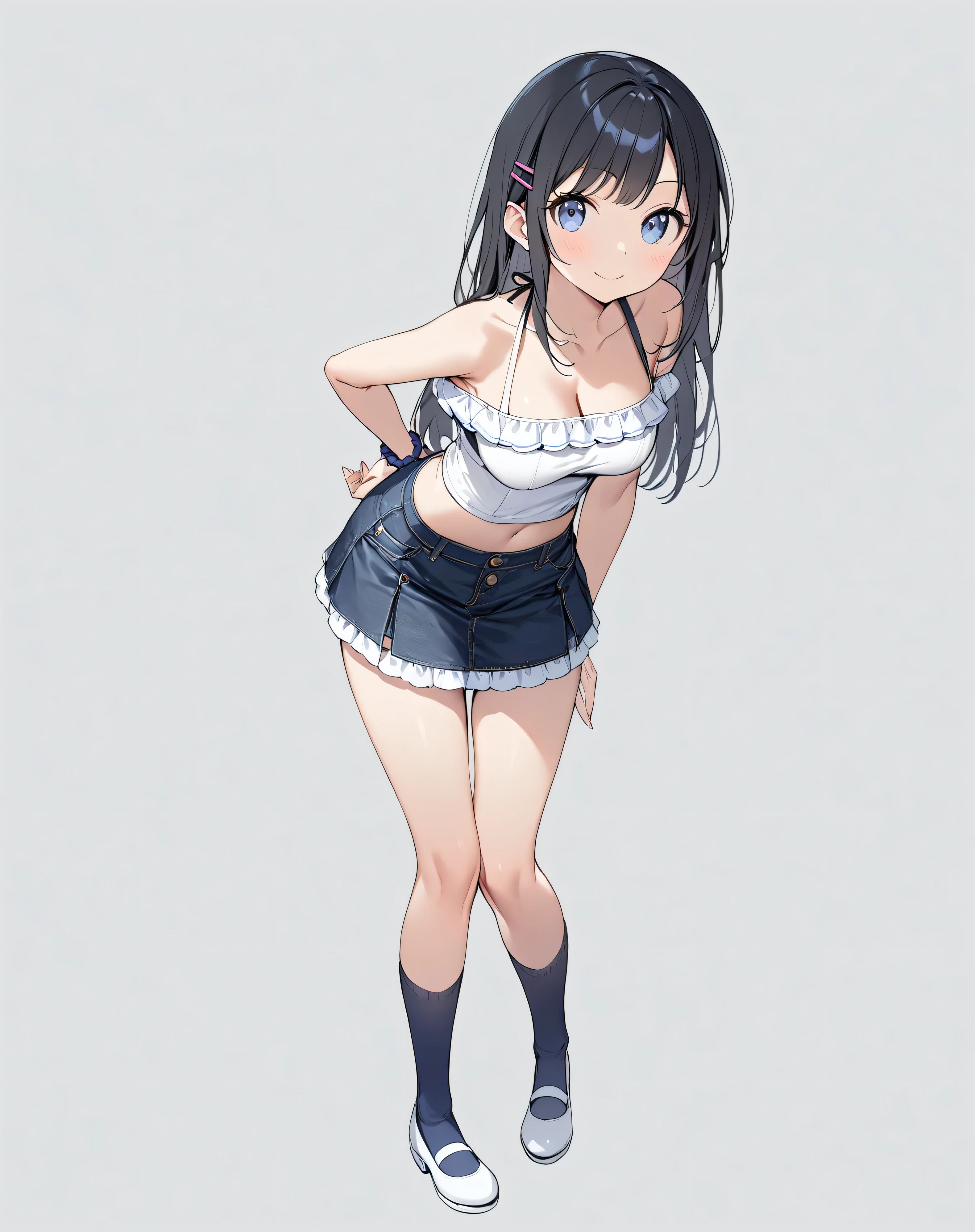 (masterpiece)、High image quality、( High Resolution )、detailed、Intricate details、4K、8k、
( high contrast:1)、
( head to toe:1.5、Full body view:1.5)、In the center:1.0、
(Ayase Aragaki)、、
(so beautiful:0.9)、(Very cute:0.9)、
Round face、(Brighten the face:0.3)、
( STRAIGHT HAIR)、(Long black hair)、bangs、(Hair Clip)、
(detailed顔:0.7)、(High nose:0.5)、(smile:1.0)、
Beautiful breasts、Round Breasts、
Five Perfect Fingers、Big Blue Eyes、Slim and curvy figure、
(White skin)、 Delicate and smooth skin 、Beautiful Skin、 textured skin、
(White off-the-shoulder top)、(Dark denim mini skirt)、
(Pink frills on the hem of the skirt)、Blue knee-high socks、White pumps、 Blue scrunchie on wrist、
( Leaning Forward :0.5)、
staring at viewers ,
Slender body,
medium breasts,
Small stature,
( solo focus :1.0),
(standing:1.2),
(Full Body Shot:1.2),
( to emphasize muscles),
(No background:1.5),