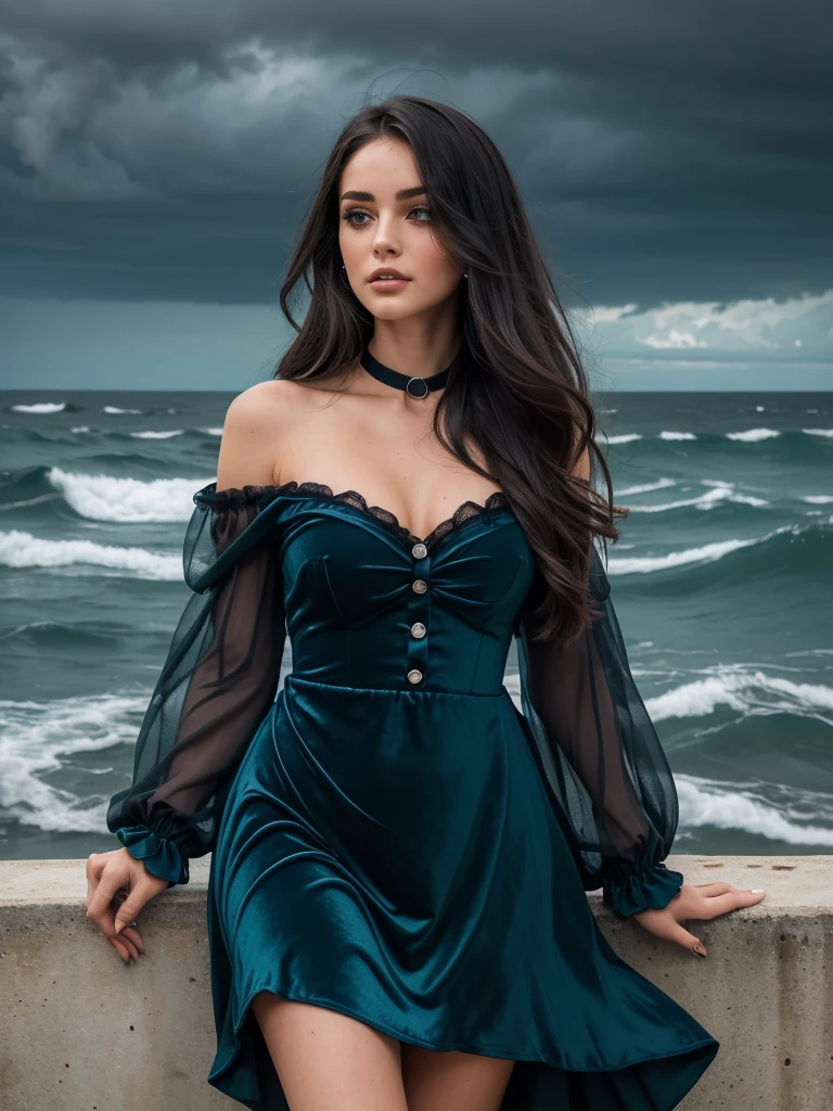 as( Change the color of Dressed in royal green the waves crash against the shore ,  their powerful energy is captured in a dress that embodies the turbulent nature of the sea. The summit, crafted from rich ,  deep blue velvet ,  reflects stormy waters . Beautiful eyes very detailed face very detailed.  The collar is blouse style , adding a touch of sophistication.  The buttons run halfway ,  giving the dress a dynamic look .  The long lace sleeves ,  in contrasting white ,  echoes the sparkling waves . The model,  tall, confident ,  exudes an ethereal beauty . Her makeup is daring,  that matches the intensity of the sea .  The dramatic seascape , } with its crashing waves and dark clouds ,  forms an impressive backdrop .
  Make the crossbar hold with the sneakers 