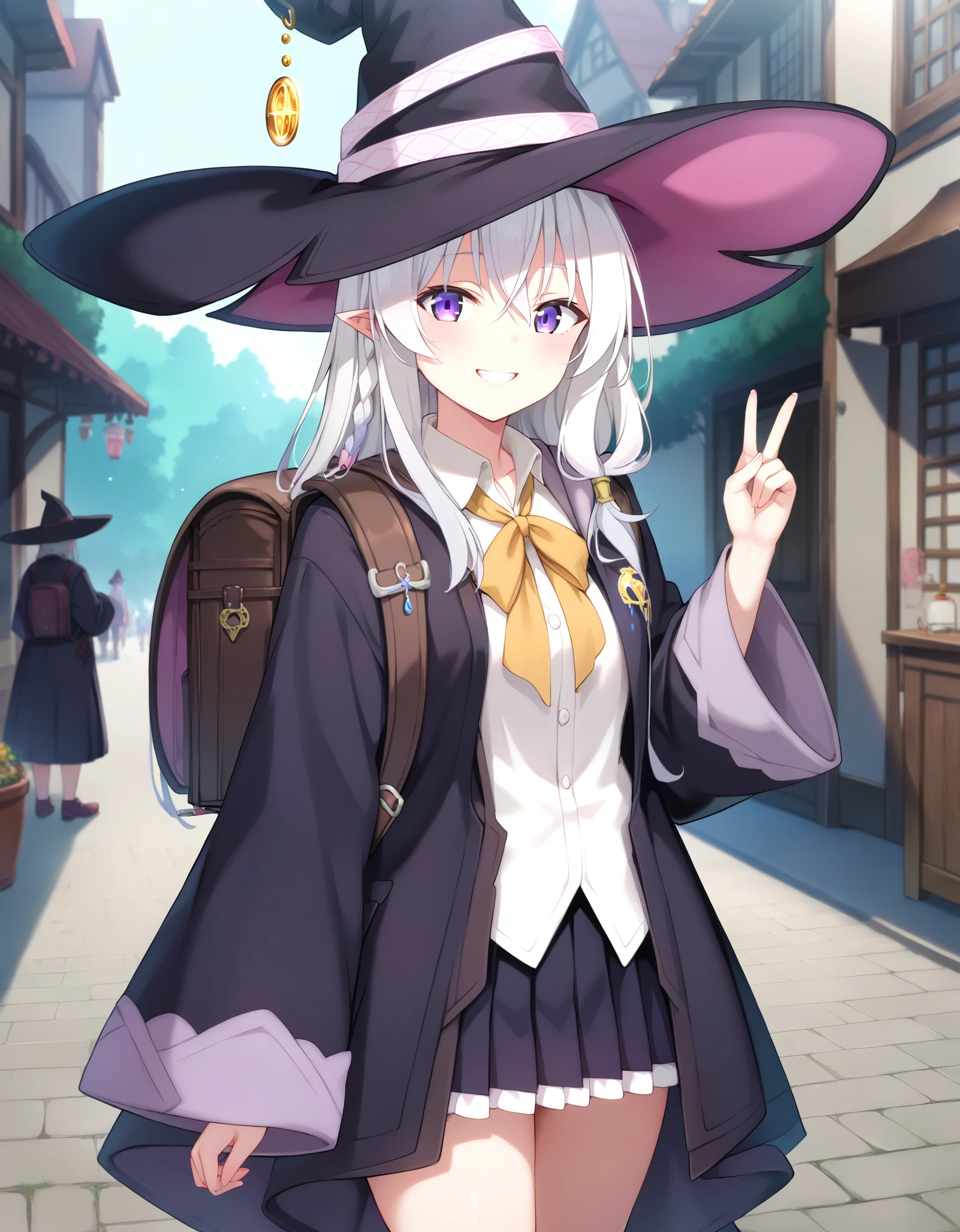 Masterpiece, hd, best quality, detailed, elaina \(majo no tabitabi\),purple eyes, grey hair, white hair, long hair,witch hat,collared shirt,robe,wide sleeves,pleated skirt,frilled skirt,pointy footwear, standing, outdoor, village, fullbody, smile, happy, wearing randoseru backpack, brown color backpack