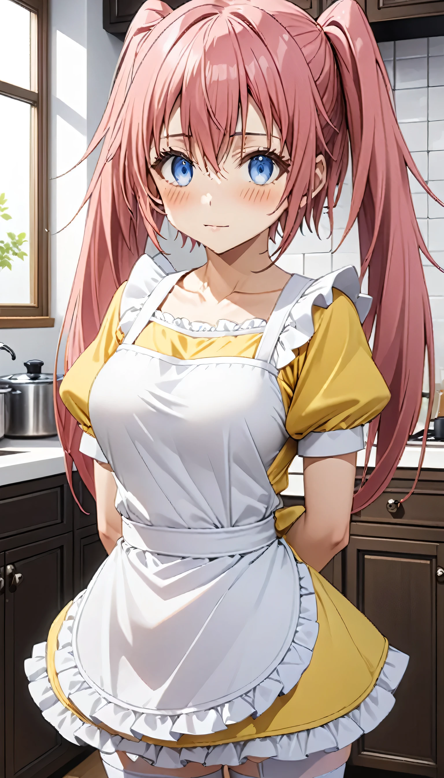 masterpiece,  best quality,  very detailed,  Maximum Resolution , Realistic textures, Anime style, Thick line, background, kitchen, From the series Tensei shitara Slime Datta Ken, milim nava, Double long ponytail , pink, Blushing, Blue eyes, , black eyes of different colors,  Middle Breasts, Put on a yellow maid dress , White long stockings