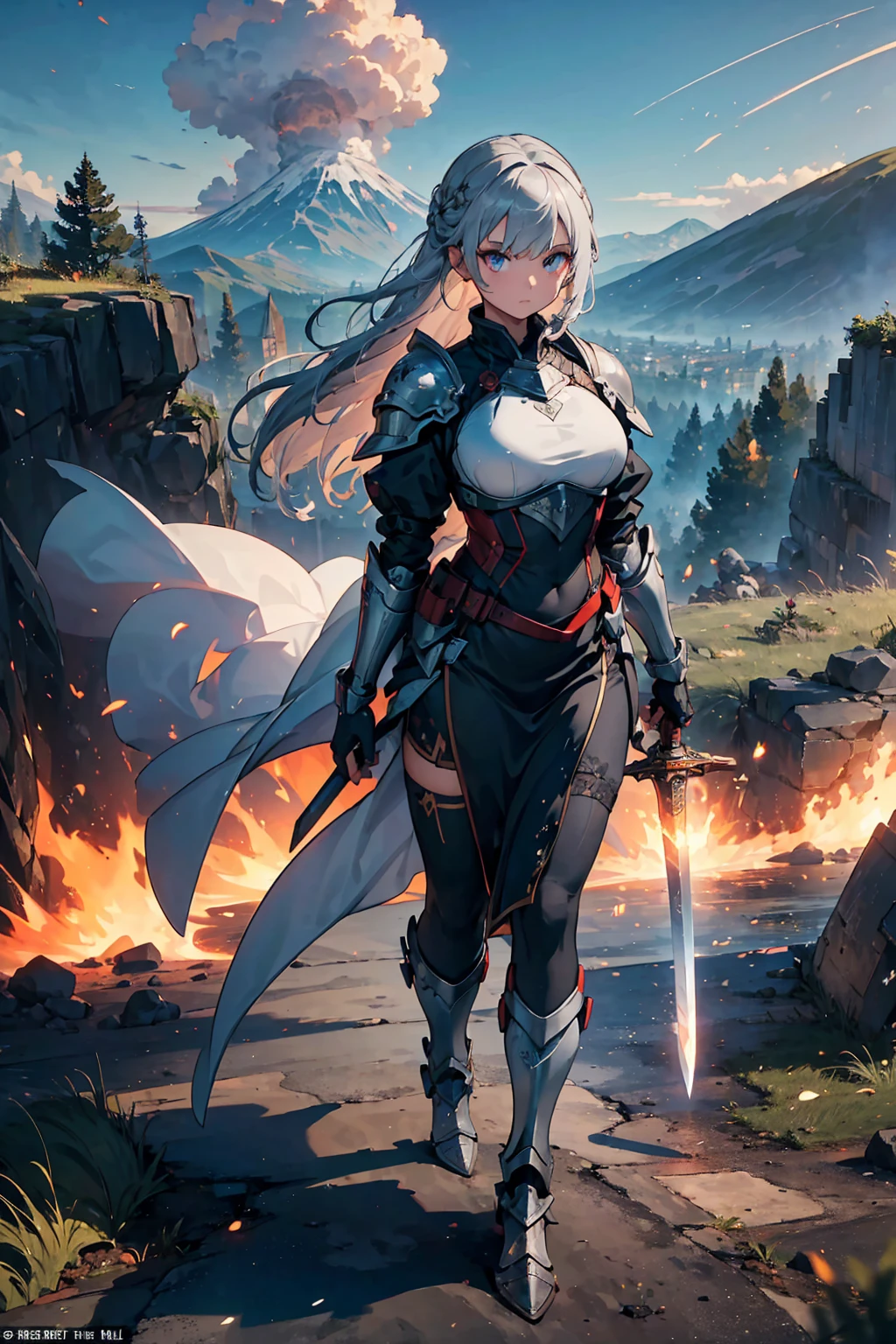 (((masterpiece, best quality, high detailed, 16k))) (1girl) A battle-hardened knight with ash-gray hair, her scarred armor glowing faintly with the embers of past battles. Her eyes burn with determination as she wields a sword forged from volcanic fire. The landscape around her is a barren wasteland of ash and cinders, with smoldering mountains in the distance, as she marches forward with unwavering resolve. ((full body view)), ((extremely detailed: 1.5))