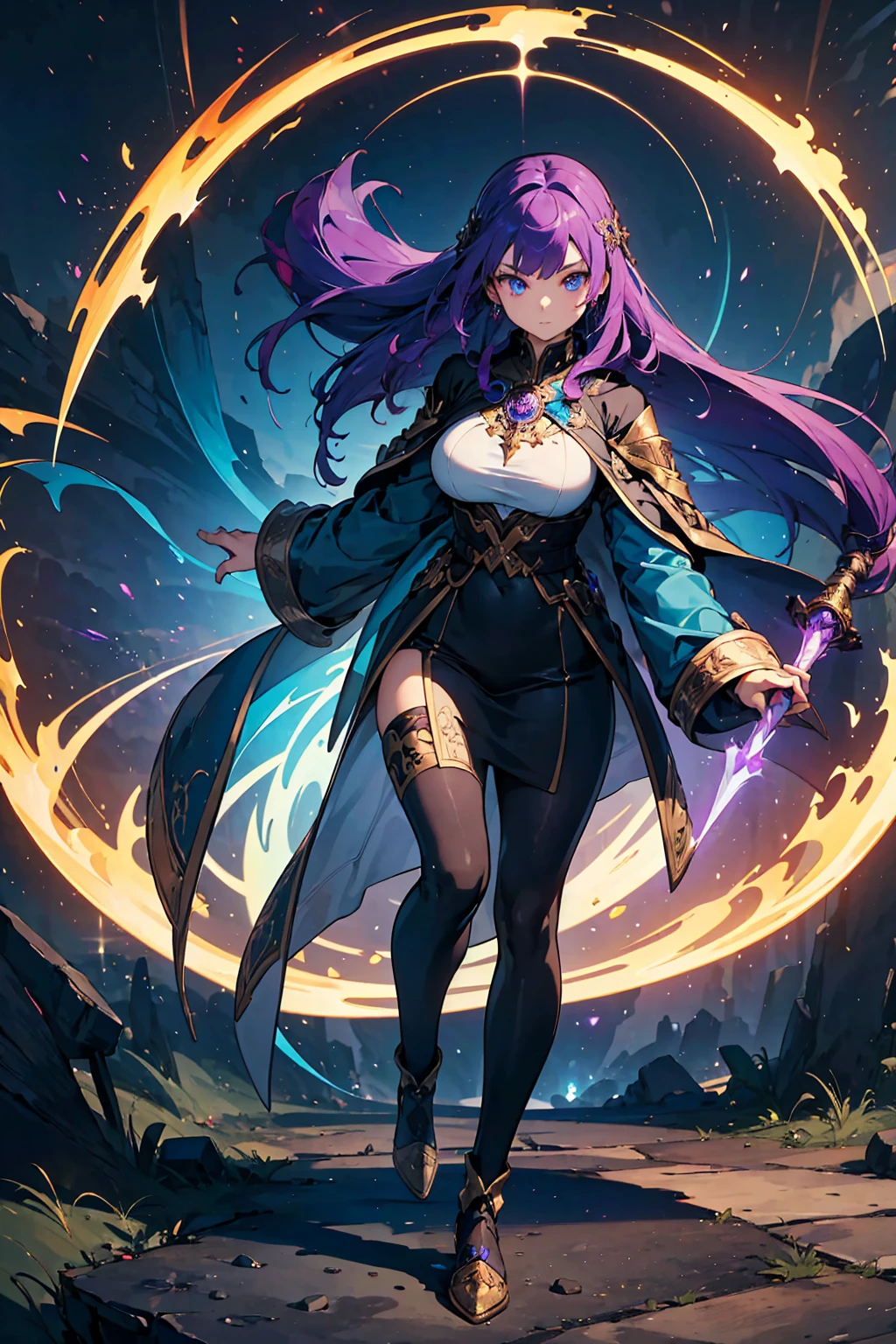 (((masterpiece, best quality, high detailed, 16k))) (1girl) A powerful sorceress with long violet hair and glowing blue eyes. She wears an intricate robe adorned with arcane symbols and carries a staff pulsating with energy from multiple dimensions. Behind her, a swirling portal opens, revealing otherworldly landscapes. Her command of interdimensional travel makes her a formidable force across realms. ((full body view)), ((extremely detailed: 1.5))