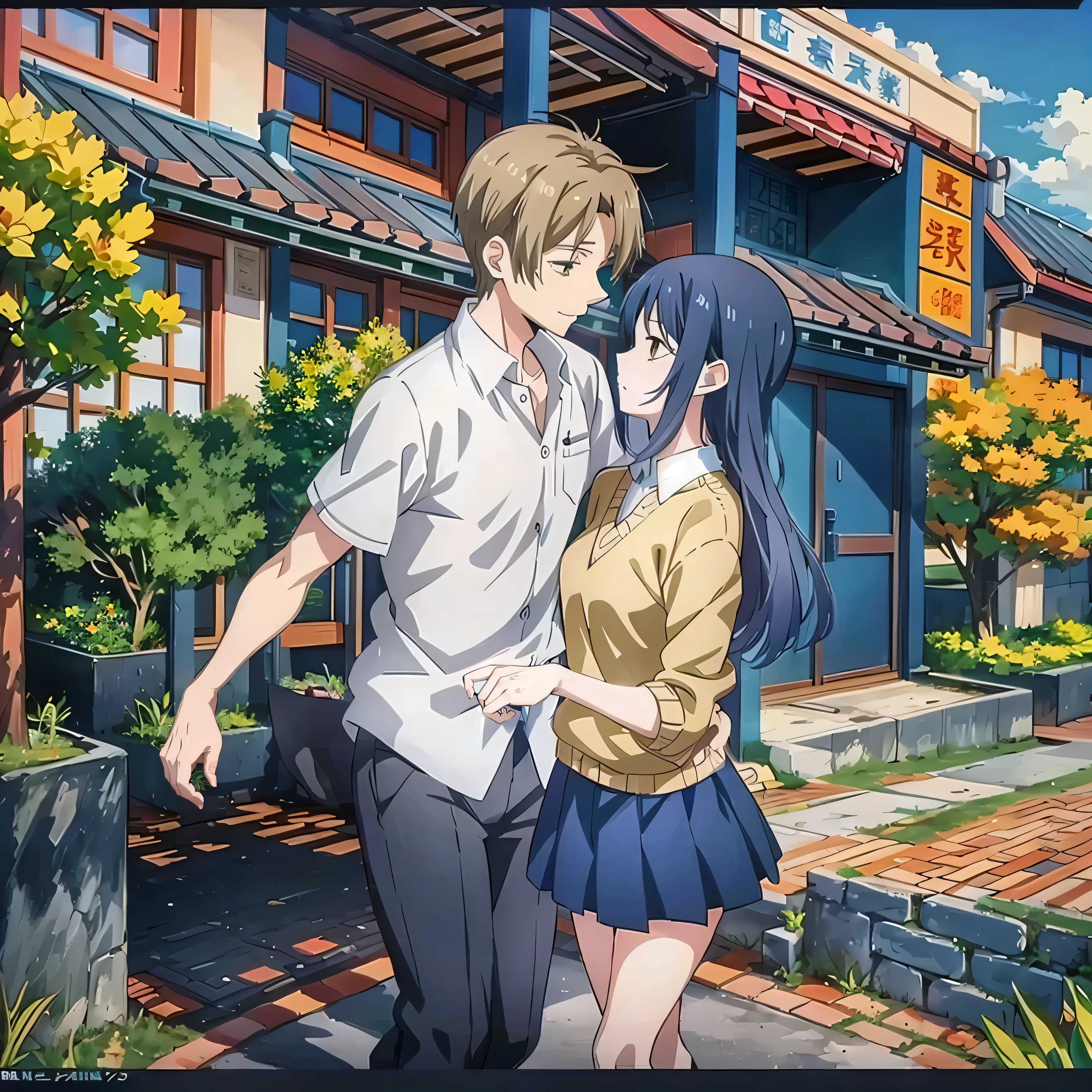 Miko and natsume takashi are holding hands while walking besides each other on a small town scenario, they are facing each other, Miko has yellow eyes and a dark blue long hair with bangs and multicolored tips, Miko wears a blue skirt and a yellow sweater, natsume takashi has brown eyes and blonde hair, natsume takashi wears a white shirt and black pants, full body, front view