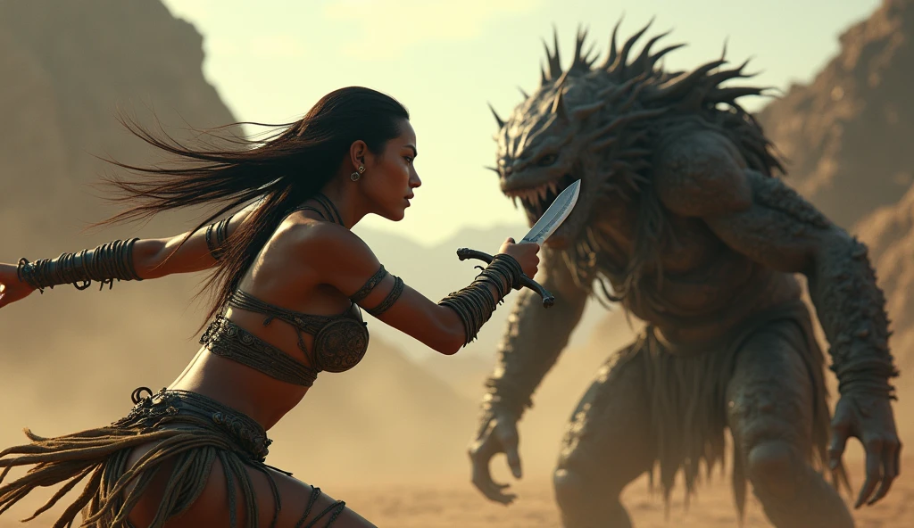 A beautifully detailed painting inspired by classic fantasy artists like Frank Frazetta, Julie Bell, Boris Vallejo, and Brom. An curvy black woman with short black dreadlocks pulled back into a pony tail, wide hips and thick thighs, she is very pretty with a youthful appearance. She wears heavy, orange mechanical power armor covering her chest and arms with large round shoulder pads, accented in fur and rags. The orange paint on the armor is chipped and scratched in various places. The chest plate is thick, covering her upper chest with a high collar and detailed with hoses and vents on the surface. The armor is intricately designed with visible wires, gears, and cables connecting the shoulder pads to the armored gloves, creating a striking contrast against the fur trim on her lower body. Around her waist she wears rugged fur and a skirt of torn dark green cloth, a belt made of rough ropes cinches her waist. The fur and cloth drapes over bare hips, thick, powerful muscular thighs, and legs, blending primal and high-tech elements. Her well-toned abdomen and full, curvy figure emphasize her strength and presence.Her athletic, curvy body is depicted with a strong, confident presence. Show her battling a giant reptile, her feet spread wide, crouched and ready to dodge as the beast rears back, she faces the creature. position the camera low and behind her, capturing the beast that she faces in the background. Her back is to the camera. emphasize the tension and danger of the scene.