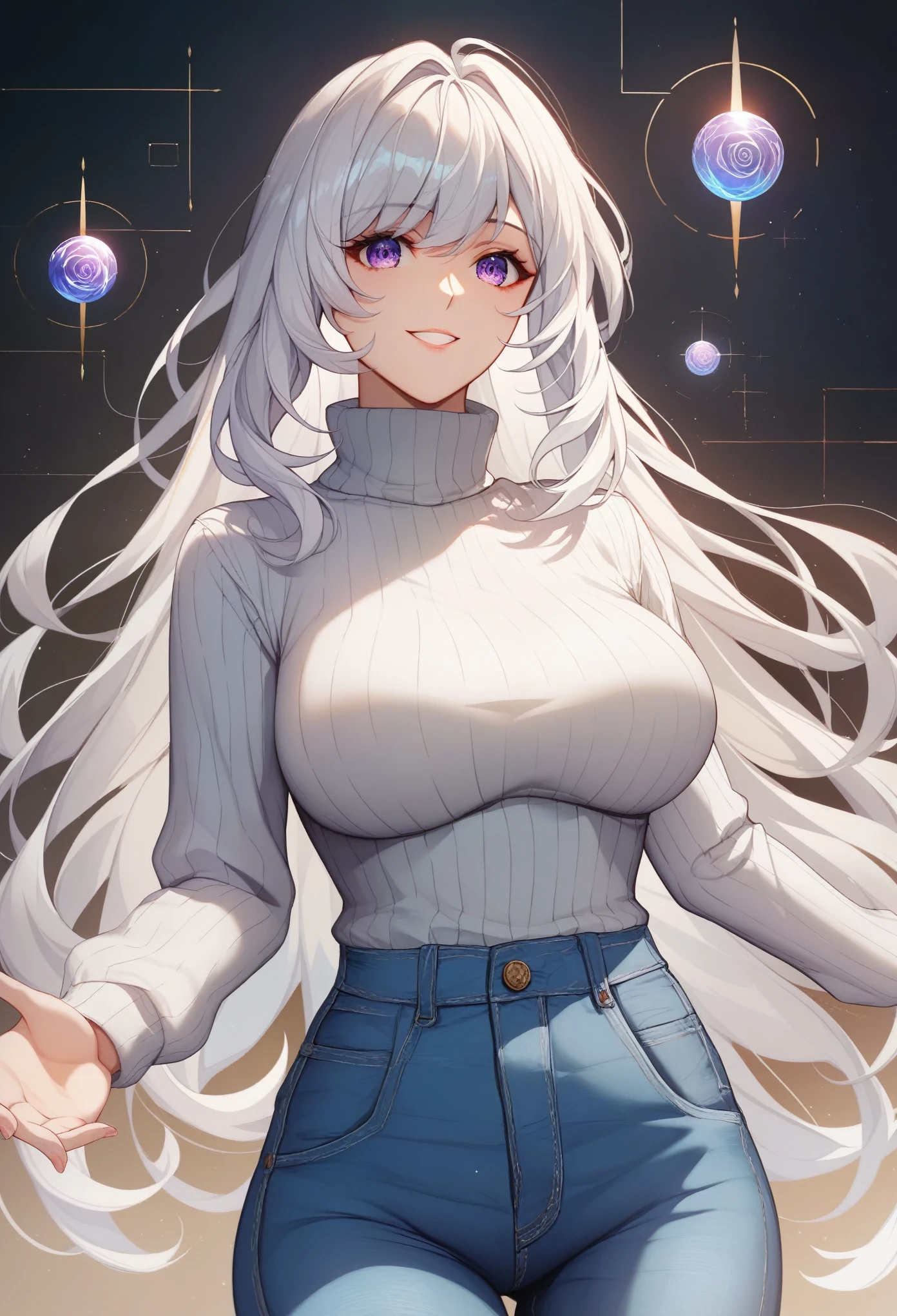 extremely detailed CG unity 8k wallpaper, masterpiece, best quality:1.2, highres, silver white hair with blue tips, purple eyes, extreme detail,solo,1girl, slited eyes, horizontal eyes, medium breasts, front bangs, long hair, neutral pose, mature female, milf,puffy turtleneck sweater, denim pants, happy face expression, close up photo.