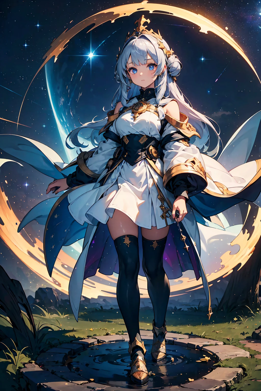 (((masterpiece, best quality, high detailed, 16k))) (1girl) A mystical alchemist with shimmering silver hair, her robes decorated with intricate constellations and star charts. Her eyes glow with the light of distant stars, and she manipulates glowing vials filled with cosmic energy. She stands in a cosmic laboratory, surrounded by swirling galaxies and celestial phenomena, crafting the essence of the stars. ((full body view)), ((extremely detailed: 1.5))