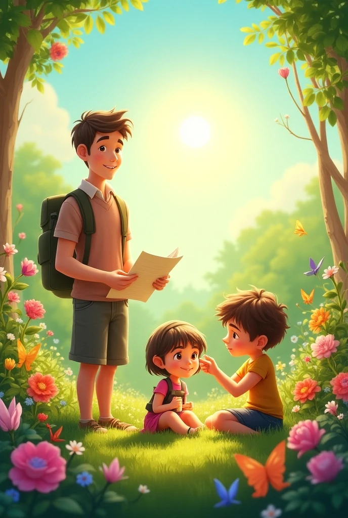  In a garden full of colorful flowers , there are three ren : Lucas,  with a smile and a paper in their hand , clara,  taking care of a flower , and Thomas,  sitting on the floor showing an origami figure .  The sun shines in the sky and butterflies flutter around ,  while the ren laugh and share a happy moment .  The scene reflects friendship ,  the joy of learning together and the beauty of collaboration.