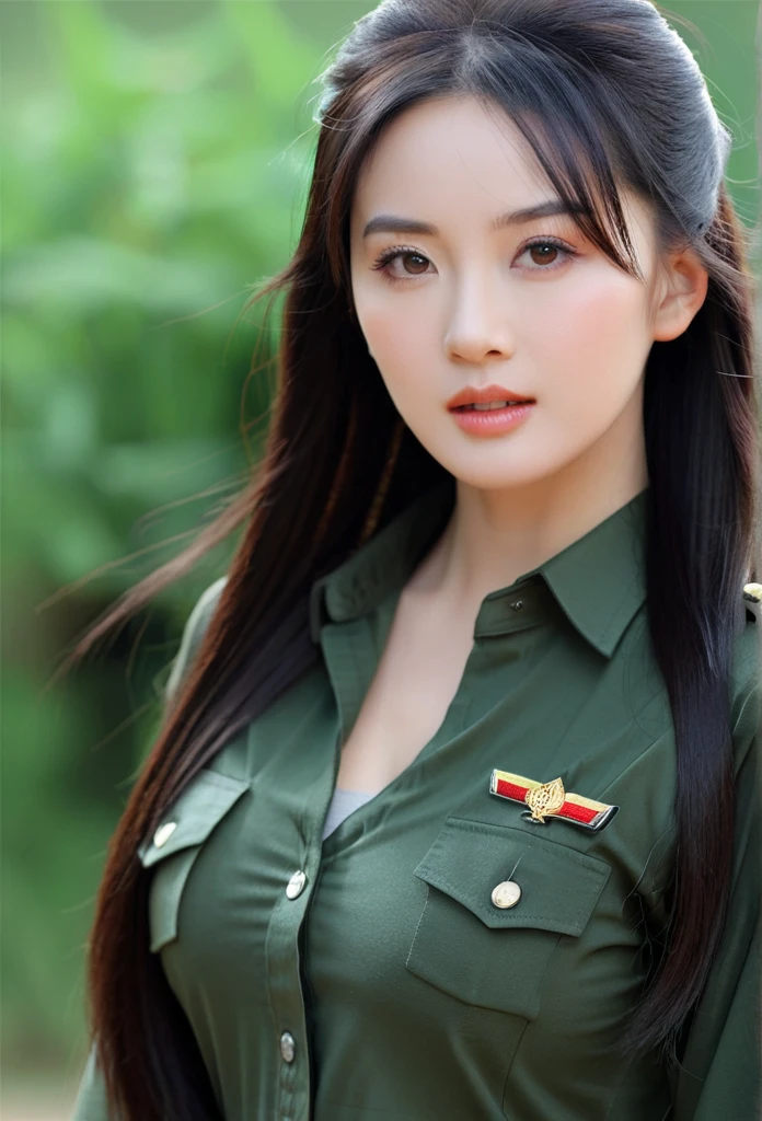 ((Best Quality, 8k, Masterpiece:1.3)), Focus:1.2, Perfect Body Beauty:1.4, Buttocks:1.2, ((Delicate Hair)), (Military Uniform:1.1), (Red Beret Army: 1.1), (Firearms: 1.1), (Soldier Uniform: 1.1), Military Coat: 1.1) Highly detailed face and skin texture, Detailed eyes, Double eyelids, whitening skin, Big breasts, smile, in the jungle, super detailed face, super detailed eyes, super detailed, hands, super detailed fingers, super detailed body, super fine body, super fine face, super fine eyes, super fine fingers, super fine hands, super fine foots, Holding firearms, rifle, Soldier, Perfect Soldier, weapon, rifle, special force, military, Super detailed firearms, Super Detailed Military Coat, Army, Super fine firearms, Super detailed Beret, Super detailed firearms, Super realistic firearms, super detailed rifle, super realistic, muscular, female soldier, Commissioned Officer, high ranking officer, general rank, with a view of the self-propelled artillery behind her, Super Detailed red beret, realistic view, perfect lighting, military vehicle