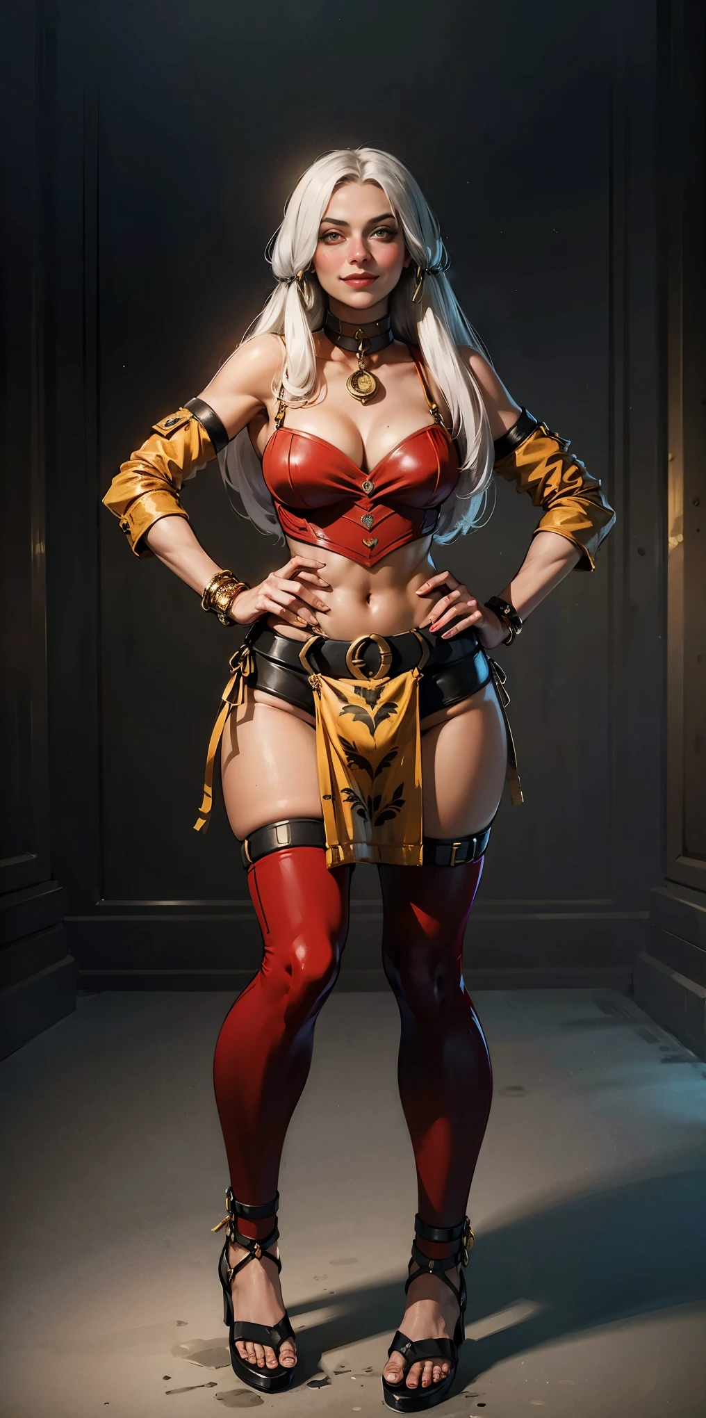 ((Masterpiece, plain background,1:2, masterpiece)) full body standing with separate yellow tiger print stockings thighs and sleeves, yellow tiger bikini print, hands on waist, navel, lustful smirking smiling, smile face (red blushed, red cheeks) armbands, black leather choker slave collar, metal sandals, big knockers, cleavage, separate sleeves, leather corset, hands on hips, shackles bracelets, slave red crest, loincloth standing, metal sandals, big belt, view from below, feet together, bracers, standing contrapposto straight symmetrical looking to viewer