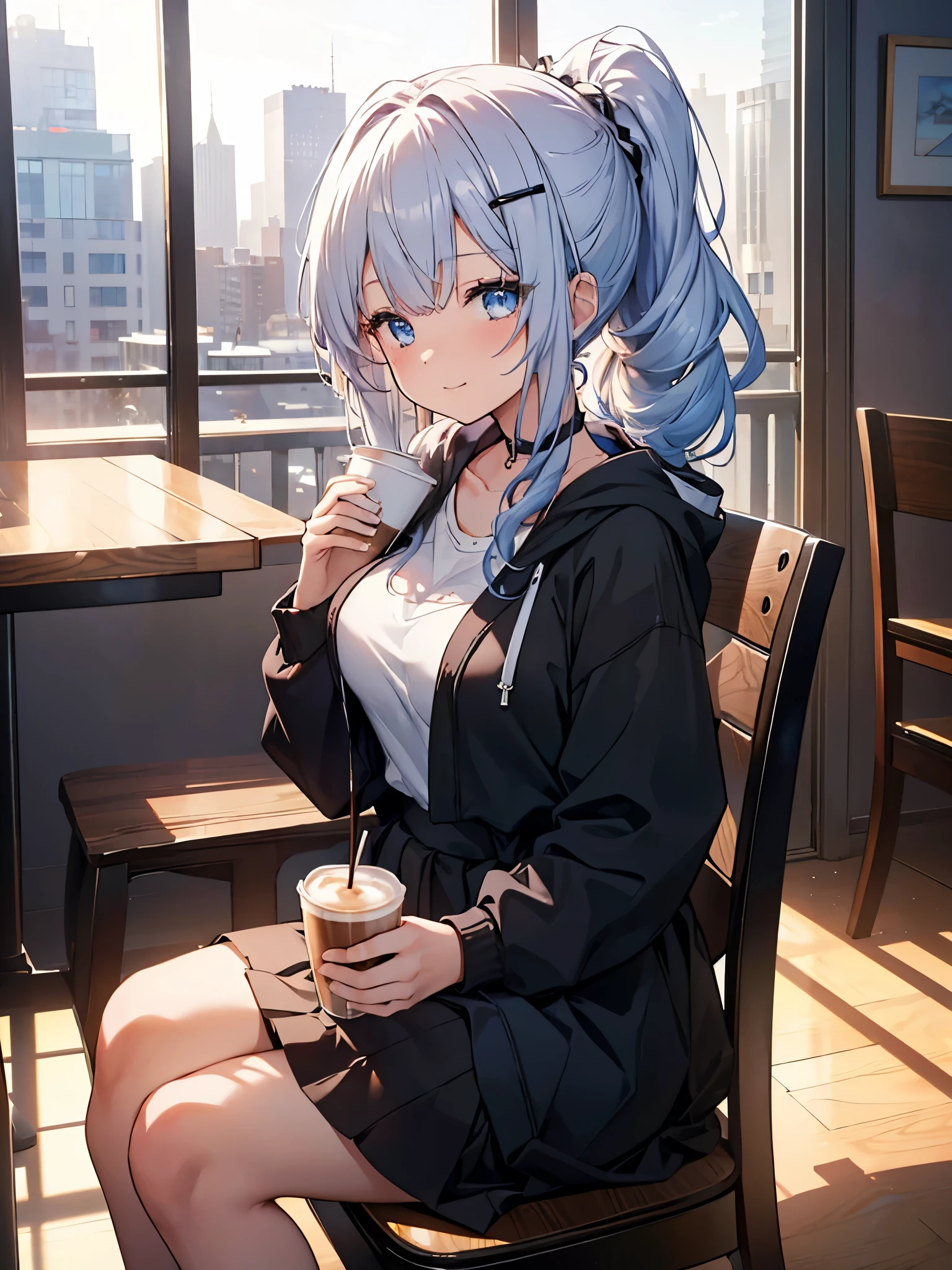 One Girl, Curly Ponytail, smile, blue eyes, View drinks ,Wear a hoodie, (Cafe), ((morning)), masterpiece, 8k, perfect lighting, The perfect outfit, Perfect Anatomy, Sharp resolution, Shallow depth of field, Soft Shadows , Casual and relaxed atmosphere, Natural light pours in, Hair clip, Beautiful breasts、 black skirt 、Sit on a chair、 coffee cup with both hands、