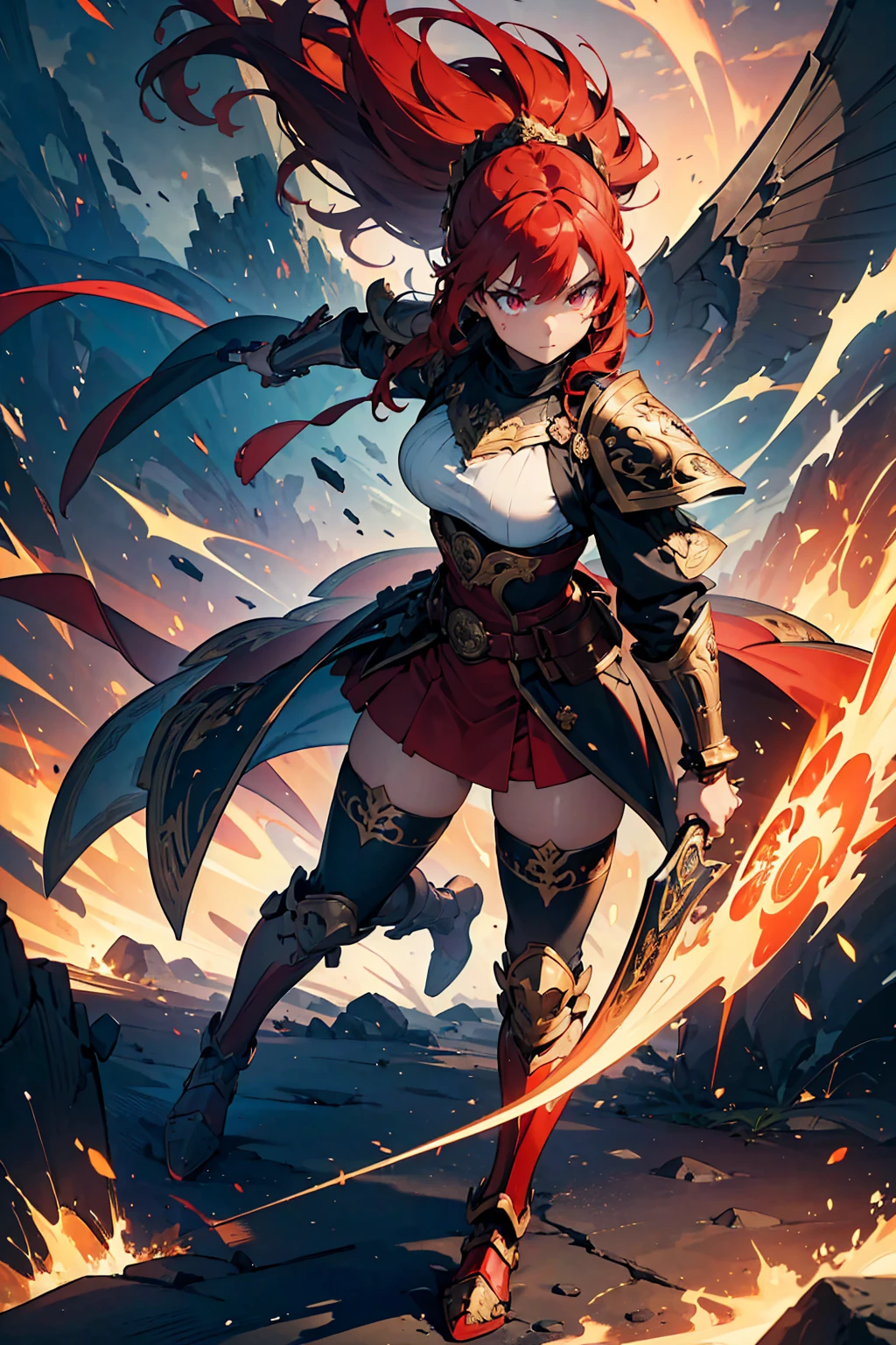 (((masterpiece, best quality, high detailed, 16k))) (1girl) A fierce warrior with a fiery mane of bright red hair, clad in ornate gold and crimson armor. Her eyes blaze with the intensity of a rising sun, and she wields a massive battle axe, etched with ancient runes of fire. The battlefield around her is bathed in the first light of dawn, as she charges forward, leading her army with unstoppable fury. ((full body view)), ((extremely detailed: 1.5))