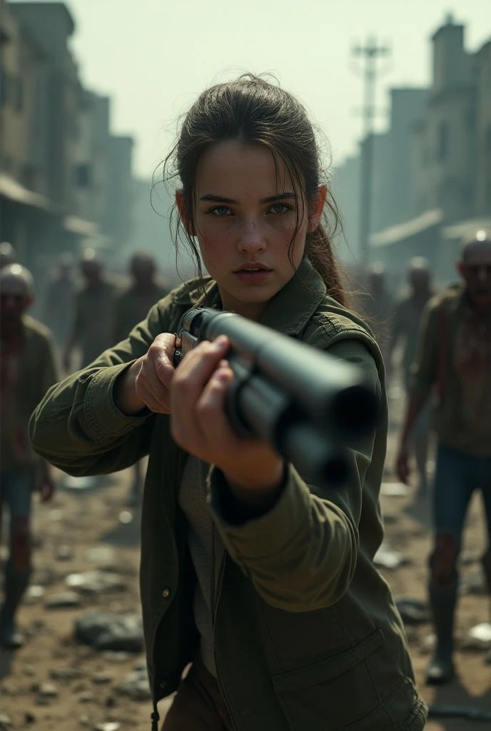 The last of us game scene, girl character, ultrarealistic, 8k, cinematic, foreground, zombies looking for her