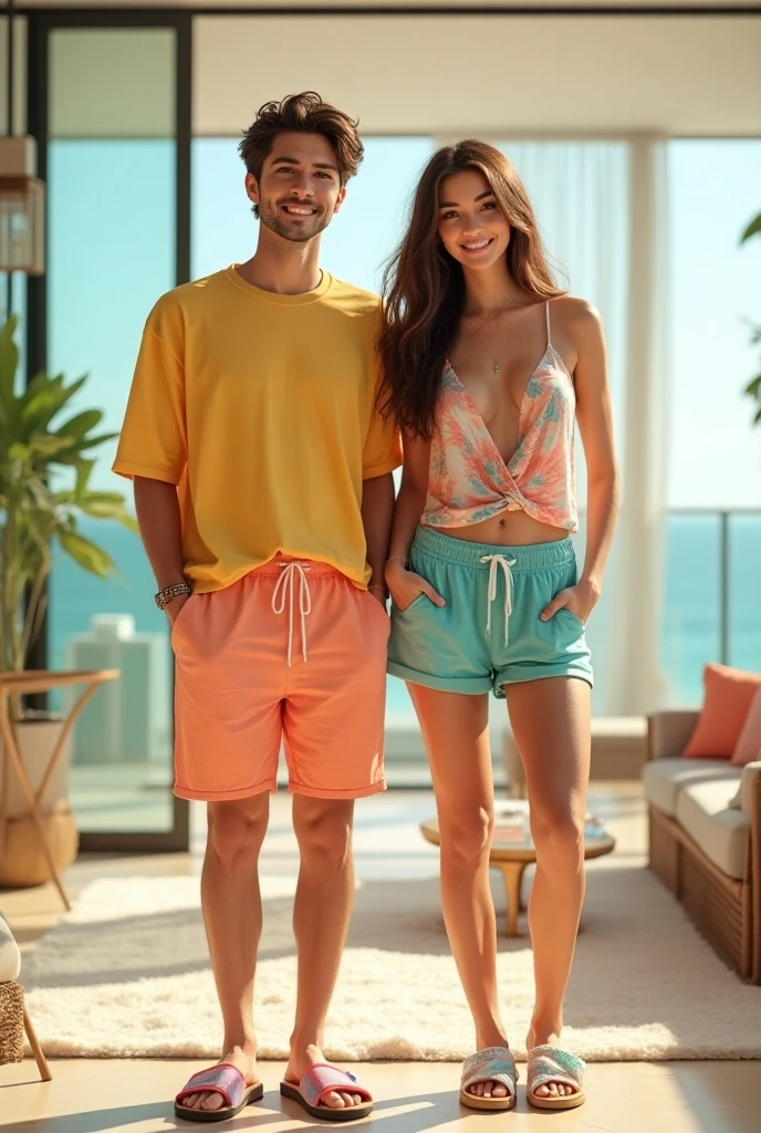Create a realistic image of 2 models on the beach in very flowy poses for my streetwear clothing brand