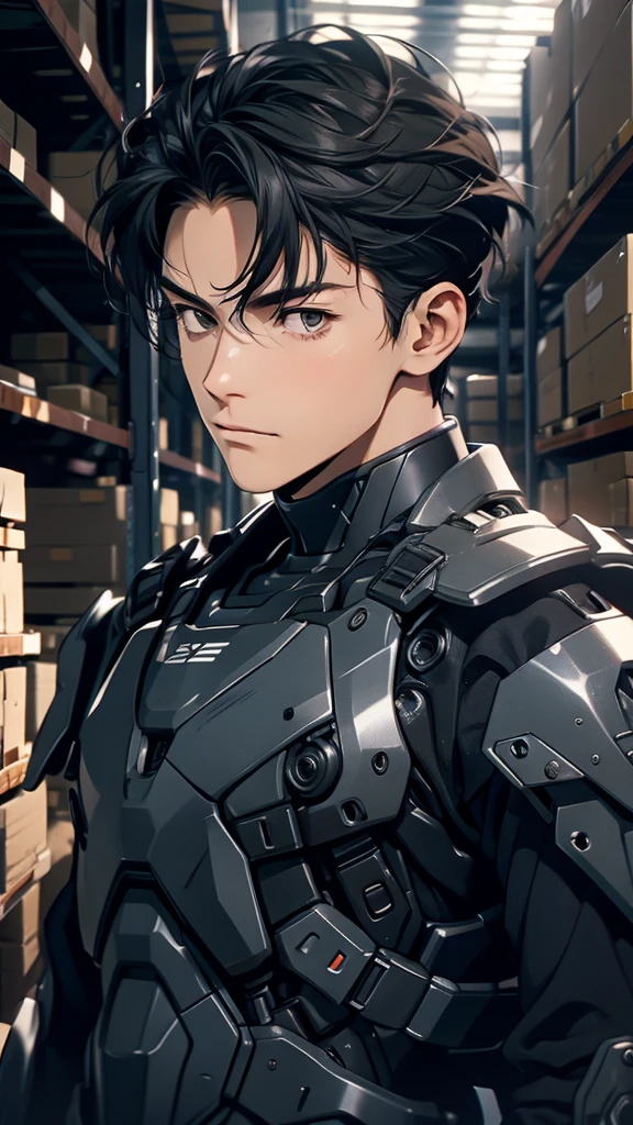 silence，Looking at the items in the warehouse，Warehouse full of supplies，It's dark all around，End of the World，an adult male，youth，Black short hair，look around，Wearing a sophisticated dark gray mecha armor suit，The armor suit has huge and thick limbs，Only the male youth’s hair and face are exposed，Upper body close-up