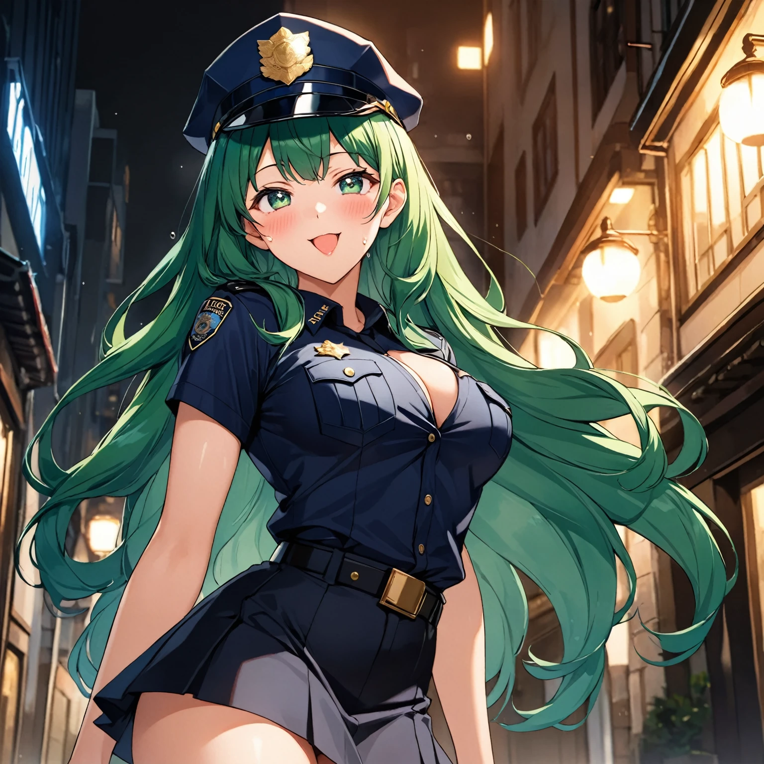 masterpiece of the highest quality, High resolution,16k,Official Art,super detailed skin,detailed,,anime colored,, (michiru kaiou:1.3),Age 25, (Tall:1.2),: 175cm,adult lady,Fashion model body type,(Beautiful G-cup breasts),(Green Long Hair:1.5),Perm Hair、sexyな長い脚, (sexy black police uniform:1.5)、Navel exposed,black short skirt ,black police cap,Abdominal muscles, Sweating all over the body、vapor、Muscular、sexy、1girl,nsfw,(Ahegao:1.4),smile,blush,(vulgarity:1.4)、Anime-style painting style,Black Hair、Long Hair、Close up on upper body,Cinematic lighting,Superfine,magnificent view、city、night, sexy Seductively Posing,dynamic angle