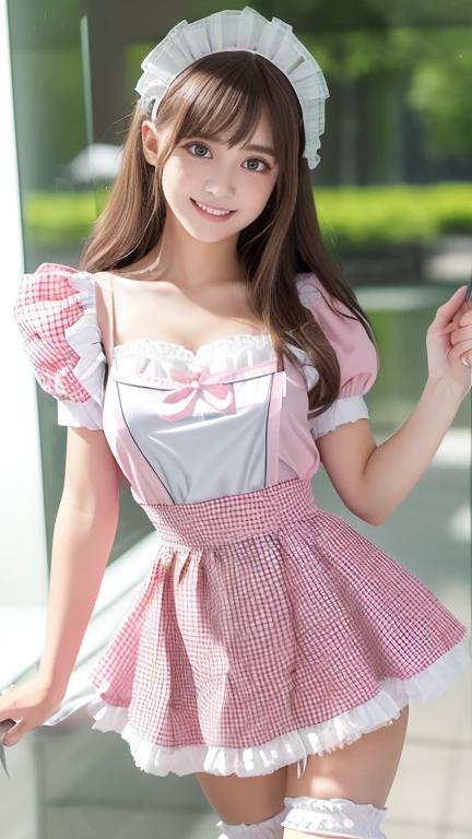 (One Girl:1.3), Japanese high school students, Great face and eyes, Looking into the camera,Shyness、 (Highest quality:1.4), Very detailed CG 統合 8k 壁紙, Very detailed, High-resolution RAW color photos, Professional photography, Realistic full body shot, Studio shot、Plain Wallpaper, Portrait of sexy girl, Open exterior, (Looking down, Display in viewer:1.0), (From below:1.0),Thighs、1 female,blonde,Age 25,((Blushing、Laughing with your mouth open)),(((Straight hair))),(((Portraiture))),crowd,((Maid clothes)),(((Small breasts)))