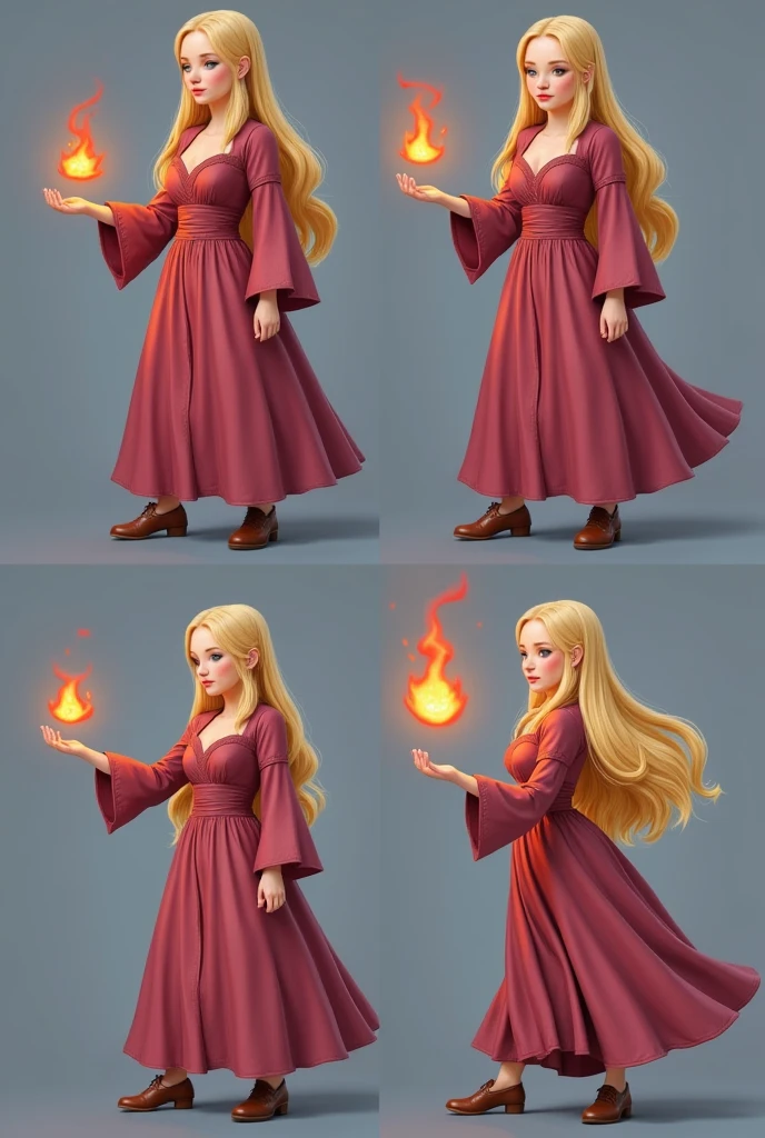 four pictures of character in different poses, pixel character a beautiful sorceress with long blond hair wearing watemelon dress casts a fireball in a dynamic pose without background, concentration, cold atmosphere, a bizarre mix of colors