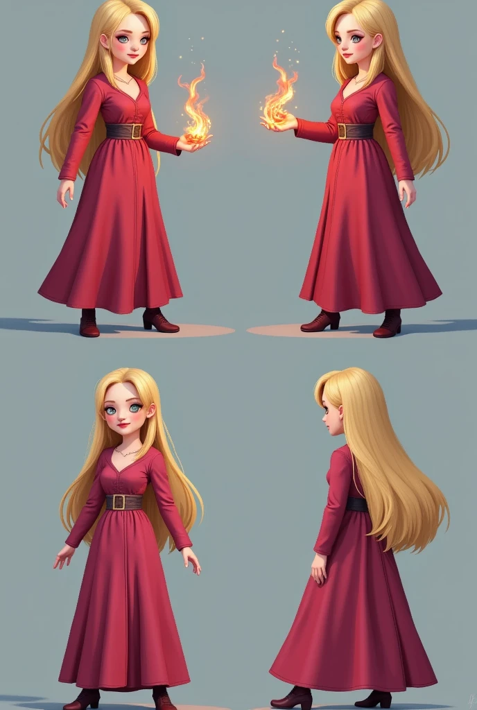 four pictures of character in different poses, pixel character a beautiful sorceress with long blond hair wearing watemelon dress casts a fireball in a dynamic pose without background, concentration, cold atmosphere, a bizarre mix of colors