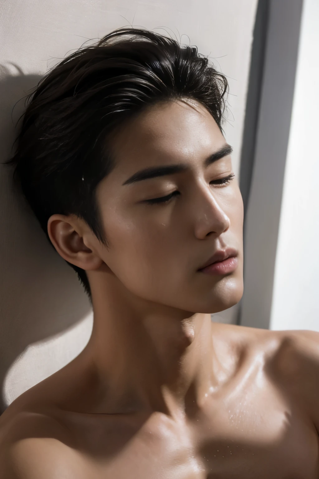 (masterpiece, ultra quality, high resolution, 8k, intricate: 1.2), (detailed face:1.2), handsome, Young Korean man ,white skin, double eyelids , detailed skin, 1boy, ((realistic)), abs, good lighting quality, muscle veins, ((pale skin)),No clothes whatsoever　nude　You can see the sleeping face and body facing the camera.　　sleeping face　Natural feel　Cross~ eyes　　　Nothing but people　　　Nothing but people　　Gray plain background　
