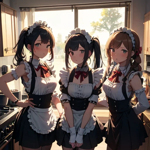 A group of maids , (in the kitchen),   Various hairstyles , harem,   Wearing maid uniform, night, Face details, , short skirt, seducing, sleeveless , night, starry night 