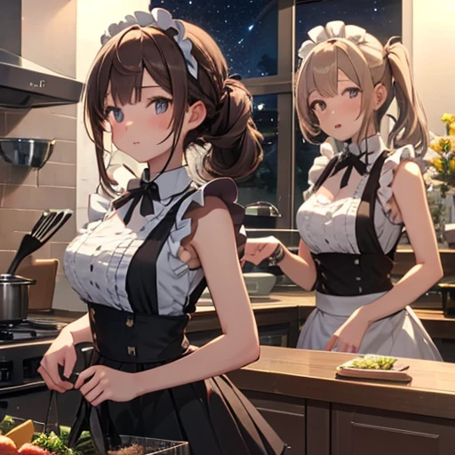 A group of maids , (in the kitchen),   Various hairstyles , harem,   Wearing maid uniform, night, Face details, , short skirt, seducing, sleeveless , night, starry night 