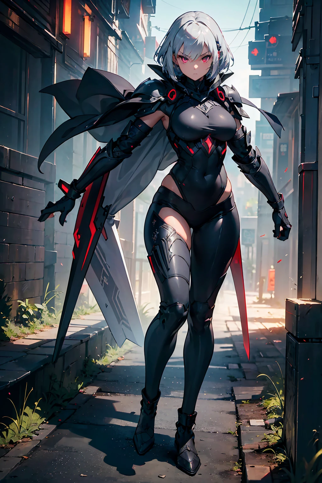 (((masterpiece, best quality, high detailed, 16k))) (1girl) A legendary, lethal assassin with short silver hair and an indifferent, cold gaze. Her slender body is clad in a sleek, ultra-advanced stealth armor, designed with dark matte tones and intricate glowing red lines. She moves with silent precision, carrying dual daggers with engraved hilts. Her figure is almost a shadow, blending seamlessly into her surroundings. The background is a futuristic, dimly lit cityscape with sharp angles and neon lights. ((full body)), ((extremely detailed))