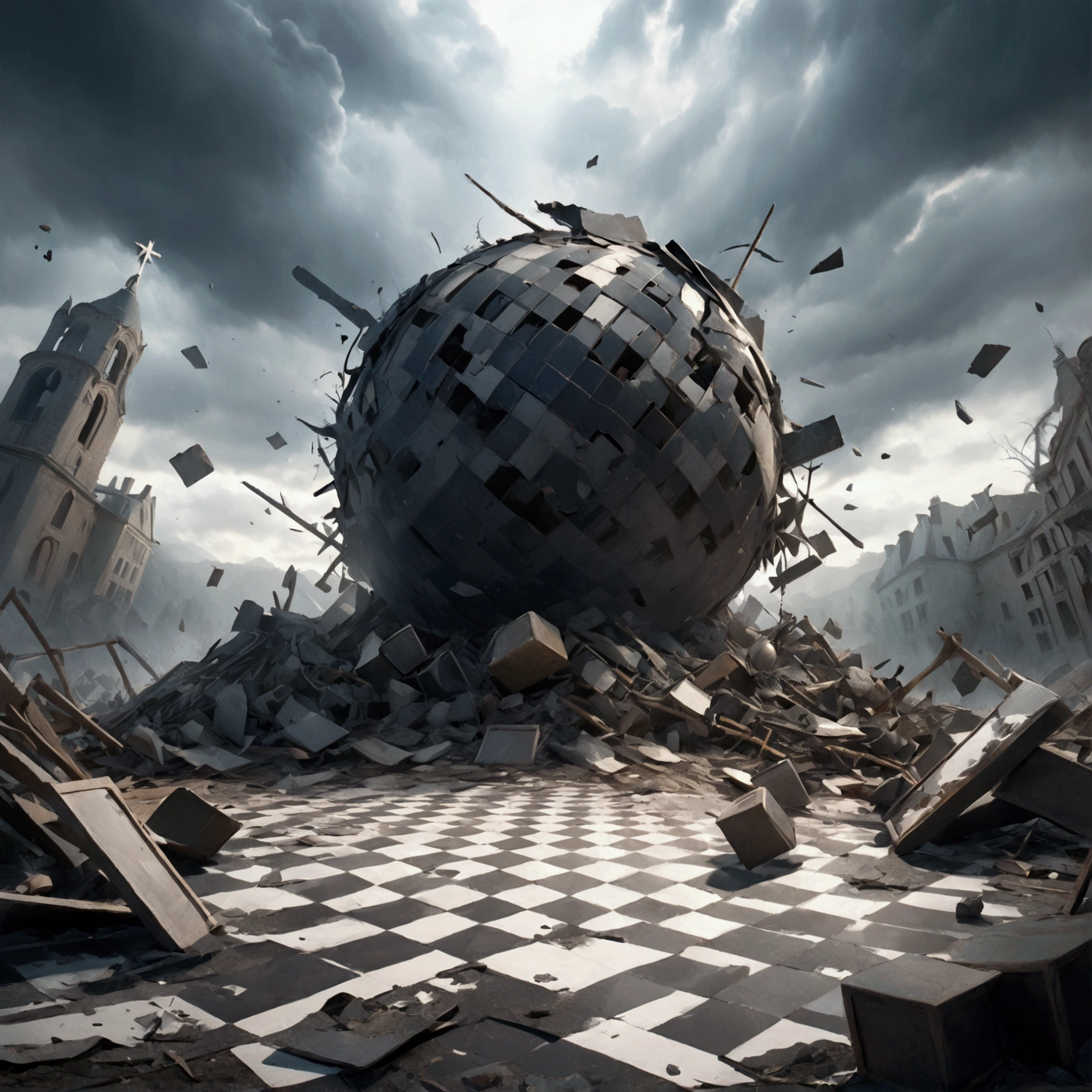 plaid pieces on a plaid board surrounded by debris and debris, surreal plaid, plaid game, plaid, Complex and epic composition, surreal dark fantasy, by Ludwik Konarzewski, dramatic cinematic composition, 3D rendering and matte painting, dramatic cinematic scene, aftermath of a great battle, epic surrealism oil painting 8k, winning photo, amazing photo, playing plaid