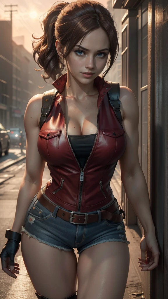 Claire redfield da resident evil,(best quality, 4K,8k,high resolution,work of art:1.2)(weather: sunset), city ruins background, police station, wide hips, short curly hair, short ponytail hair, brown hair, freckles, sleeveless top, short sleeve red jacket, blue denim shorts, leotard, harness, boots, fingerless gloves, light makeup, dark eyeshadow, sexy pose, ultra detailed,portrait,realistic,beautiful detailed blue eyes, beautiful detailed lips,extremely detailed eye and face, long eyelashes,average, large breasts,flying hair,beaming smile, sexy smile, powerful girl, bright coloured, dramatic lighting, smoke,