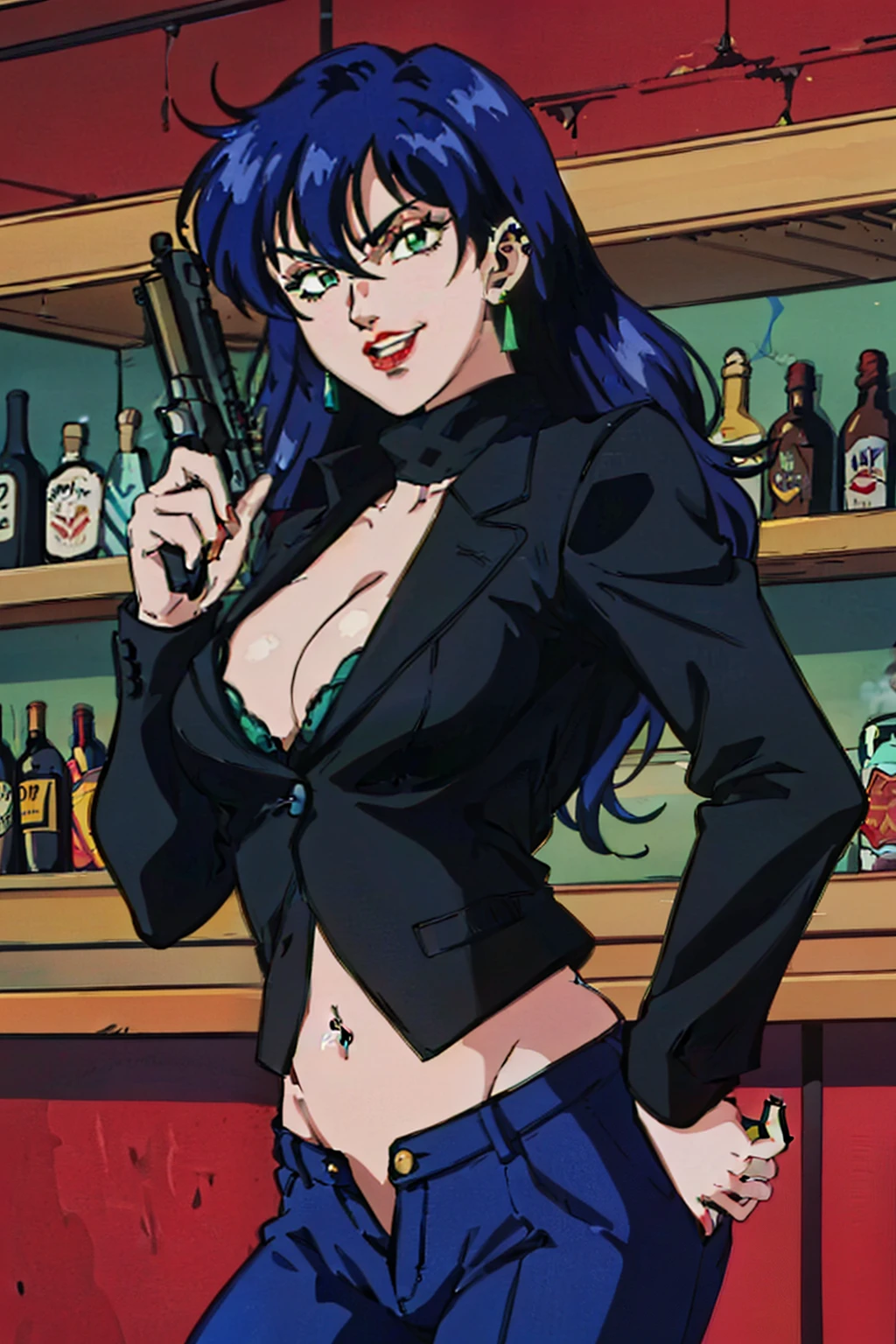 1girl,,retro artstyle,1990s \(style\),shan,blue hair,green eyes,lipstick,long hair,earrings,makeup, evil grin,, long hair, earrings, red lips, large breasts, ear piercing, long hair, blush, lipstick,Hot girl, baddie, smoking, sensual, attractive , bar background, inside bar, long sleeves, cleavage, jacket, unbuttoned pants, black jacket, black pants, formal, suit, black bra, evil smile, smile, , navel, evil expression, exposed belly, exposed navel, exposed midriff, exposed lower belly, unbuttoned long black pants, open mouth, holding a gun, holding pistol, navel piercing