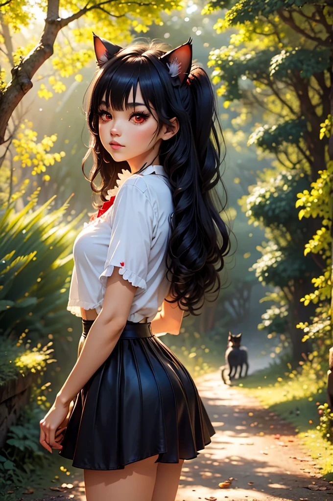 1 chica junkotvv black hair, cat ears, red eyes, en un camino a través del bosque., niebla, paisaje otoñal, sunlight filtering through the niebla and branches