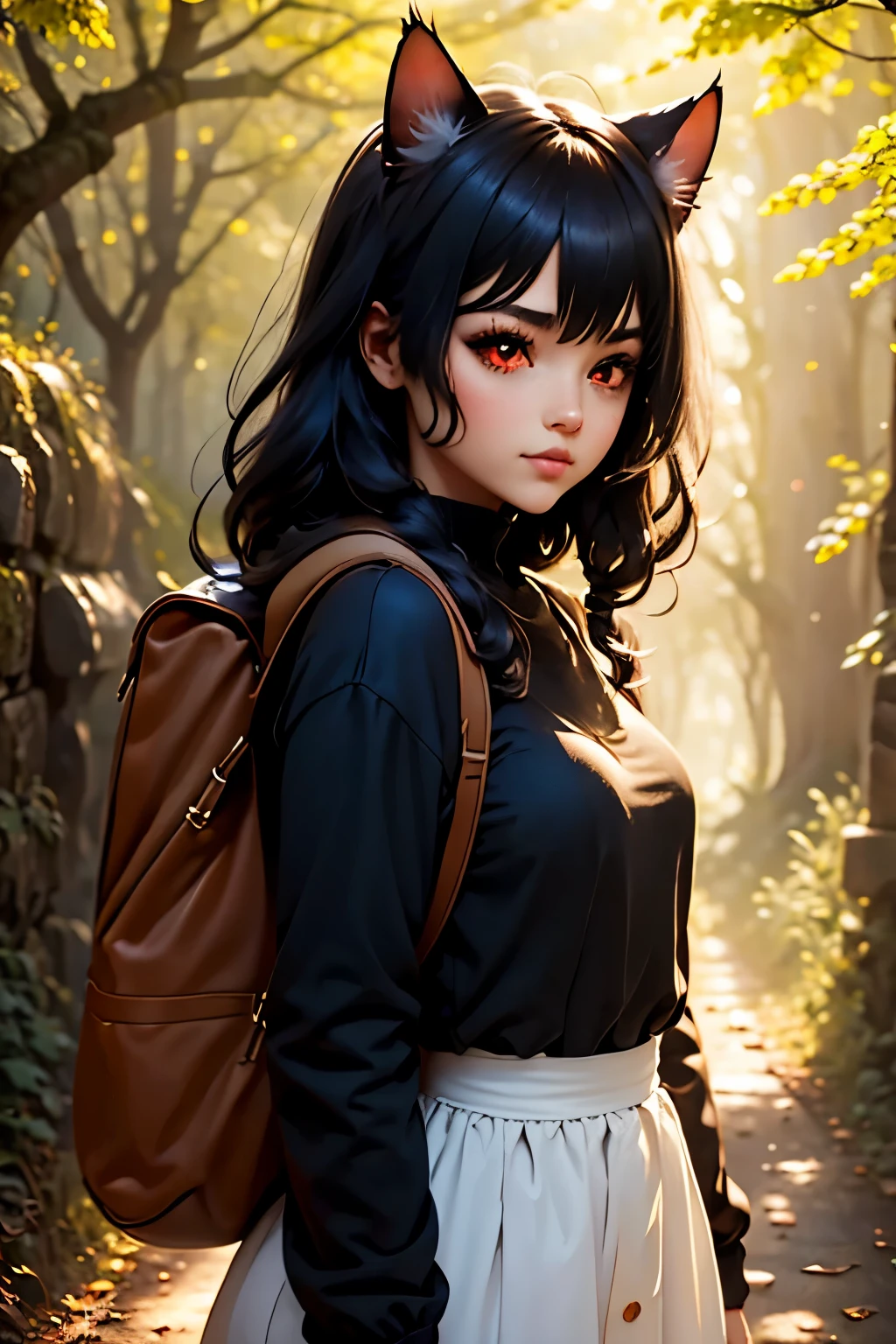 1 chica junkotvv black hair, cat ears, red eyes, en un camino a través del bosque., niebla, paisaje otoñal, sunlight filtering through the niebla and branches