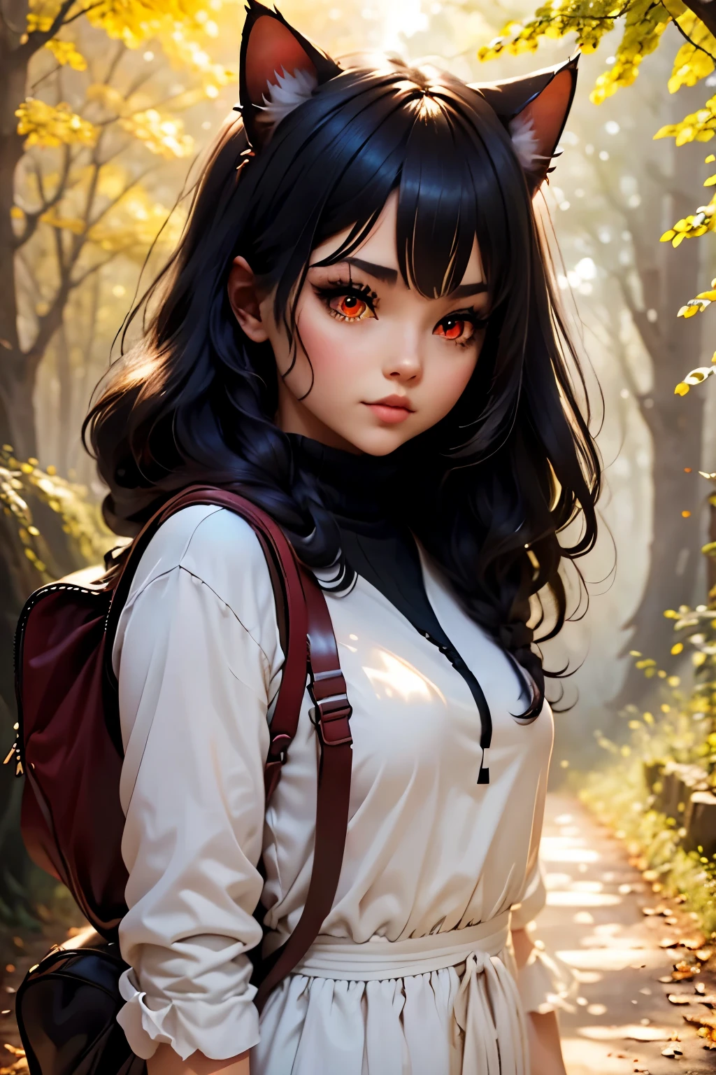 1 chica junkotvv black hair, cat ears, red eyes, en un camino a través del bosque., niebla, paisaje otoñal, sunlight filtering through the niebla and branches