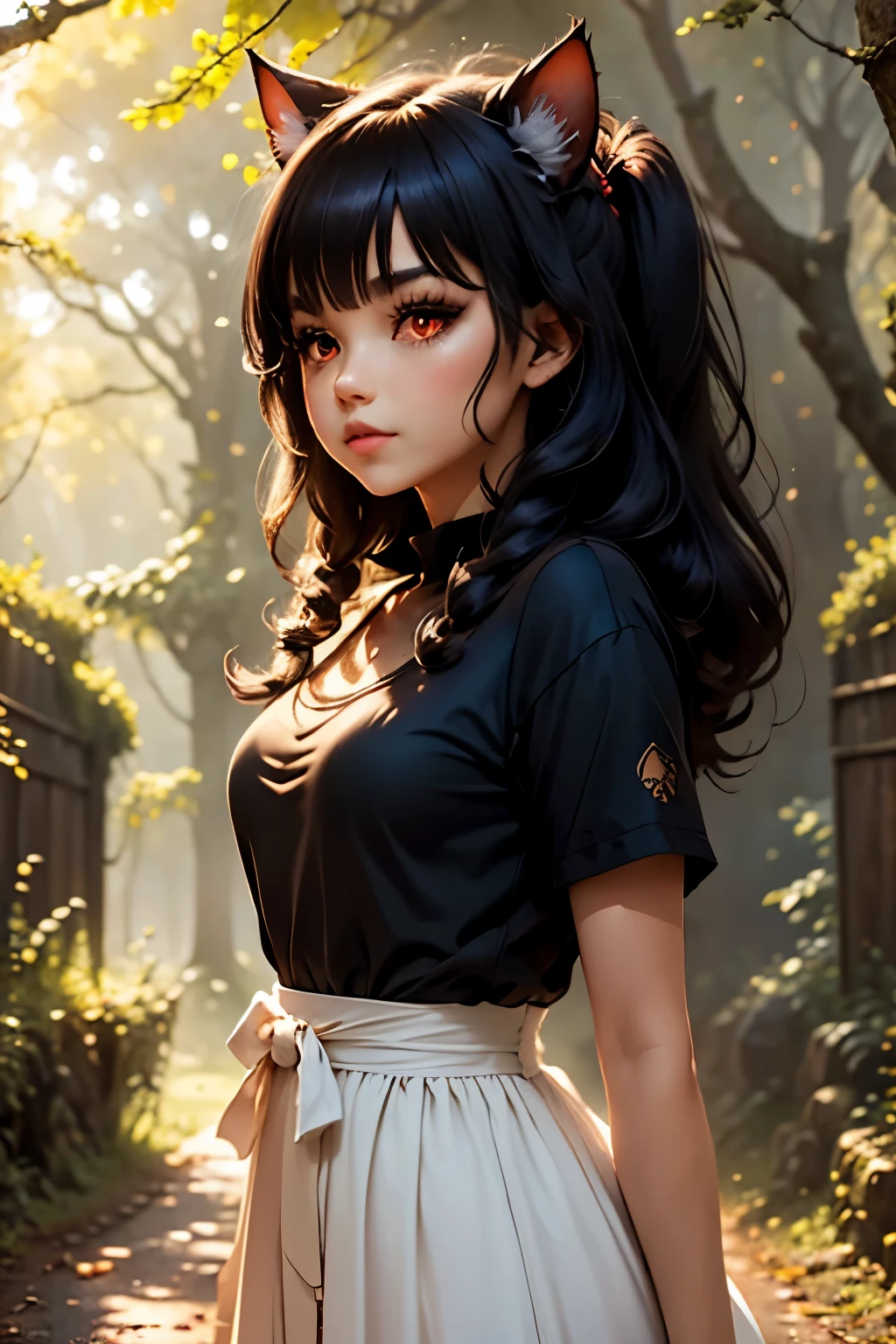 1 chica junkotvv black hair, cat ears, red eyes, en un camino a través del bosque., niebla, paisaje otoñal, sunlight filtering through the niebla and branches