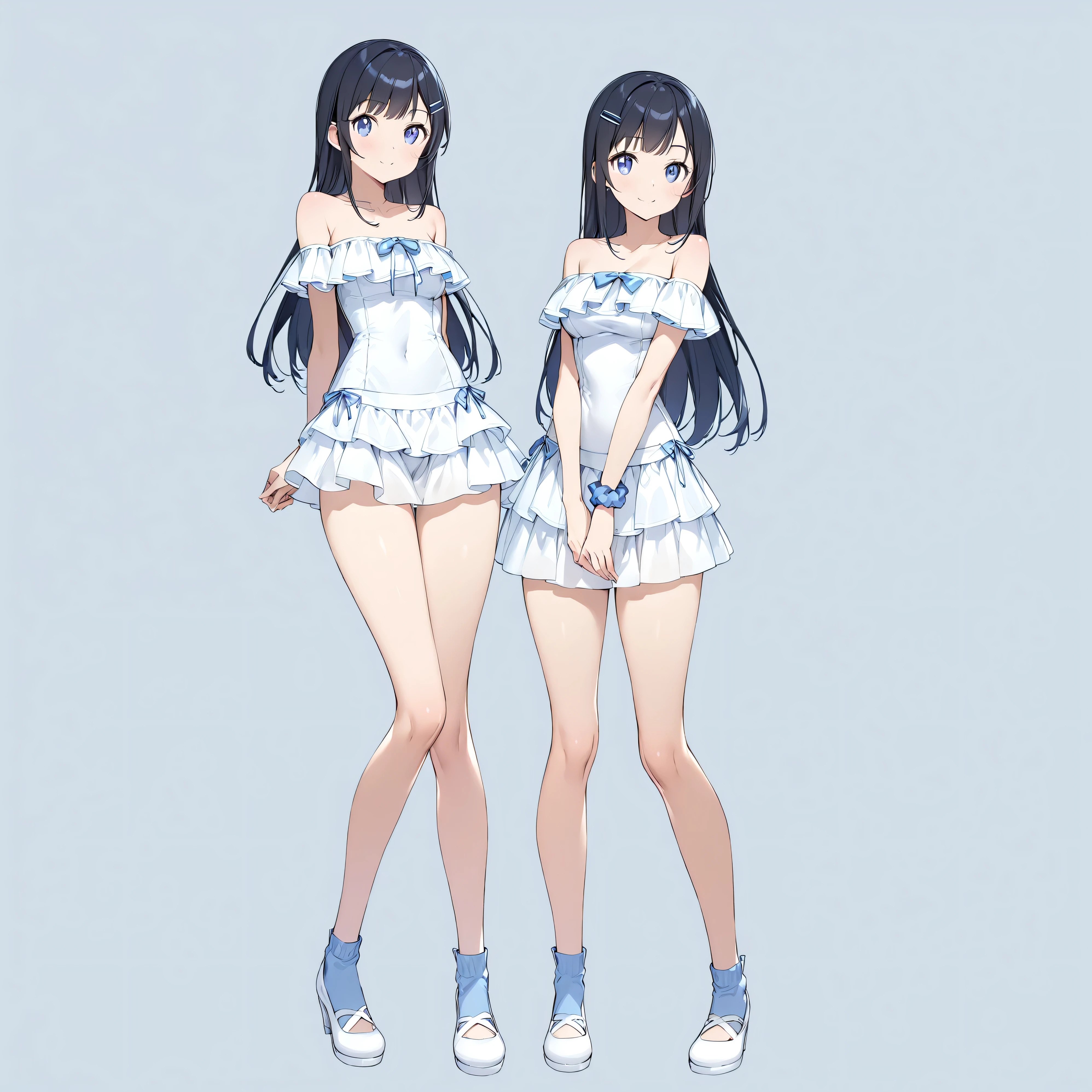 (masterpiece)、( very high quality)、(Ultra-high resolution)、(Ultra-detailed)、(Intricate details)、4K、8k、
( high contrast:1)、Perfect body、Beautiful hands and feet、Thin legs、Slim and curvy figure、
( head to toe:1.5、Full body view:1.5)、In the center:1.0、
(Ayase Arakaki)、、
(so beautiful:0.9)、(Very cute:0.9)、
(Round face)、(Brighten the face:0.3)、
( straight hair)、Long black hair、bangs、(Hair Clip)、
(Detailed face:0.7)、(High nose:0.5)、(smile:1.0)、
Beautiful breasts、Round Breasts、
Five Perfect Fingers、Big Blue Eyes、Slim and curvy figure、
Delicate and smooth skin 、Beautiful Skin、 textured skin、
(White off-the-shoulder top)、(Blue Mini Tight Skirt)、
(Pink frills on the hem of the skirt)、Blue knee-high socks、White pumps、
Blue scrunchie on wrist、
Delicate fabric、
( Leaning Forward :0.5)、
(standing:1.2),
( solo focus :1.0),
(Full Body Shot:1.2),
( to emphasize muscles),
(No background:1.5),