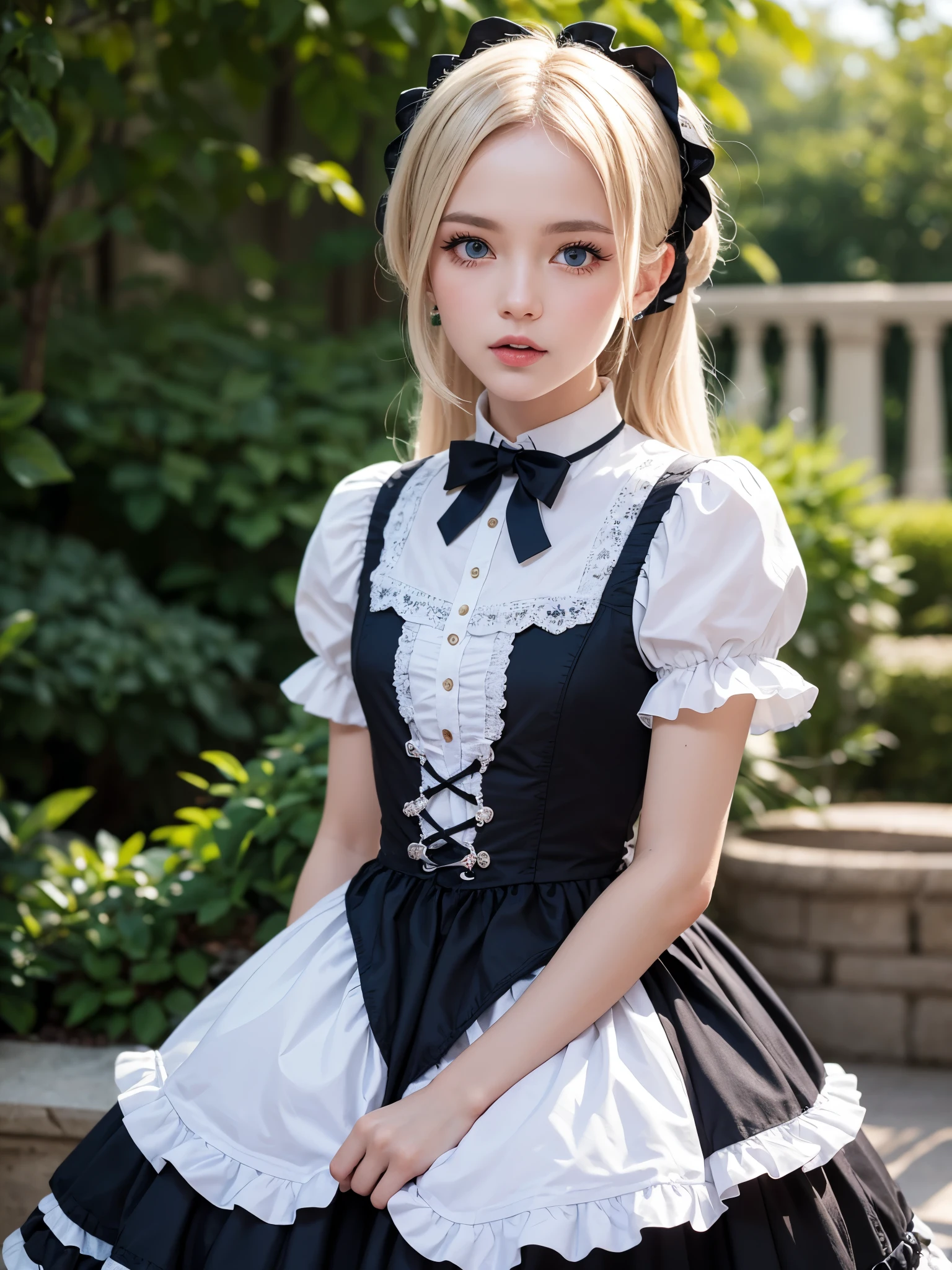 (masutepiece, Best Quality:1.2), 8K, 85 mm, Official art, Raw photo, absurderes, Platinum Blonde Hair, (Blue eyes, ta Fashion, sweetlolita, Gothic, Dress:1.2), Idol face, Upper body, Beautiful Girl, gardeniass, Copenhagen, Short sleeve, Elegance, Sophisticated, gardenia, Looking at Viewer, Film grain, chromatic abberation, Sharp Focus, face lights, Dynamic lighting, Cinematic lighting, Detailed face, (((tucking up the skirt、Panties are visible)))、