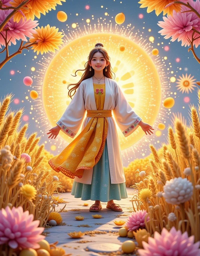 [Vision:1.0]，[Wide Angle:1.0]，Cartoon，Wheat Field，scarecrow，autumn，Colored pencils，Brushstrokes，clean，Ethereal，White，Light and Shadow，Fresh and natural，fairy tale，Rich colors，Abstract composition，Fantasy atmosphere，Dreamy emotions，3d, C4D rendering, 8k, super high detail, Bright colors，Bright，RGB, Colorful)，(High contrast:1.5)，(whole body:1.8), Magazine Photography， Popular on social platforms ，((Dopamineism))，(((Dopamine color matching)))，Facing the screen，Dopamine color，High Saturation， High Contrast， High Definition ，8k，Dopamine，(in the style of Y2K)，Luo Erchun，Three-dimensional ancient style，Oriental Poetry and Painting