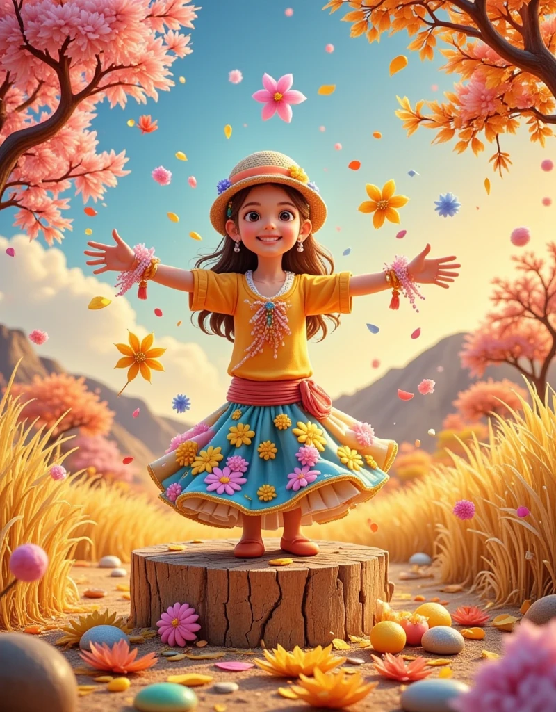 [Vision:1.0]，[Wide Angle:1.0]，Cartoon，Wheat Field，scarecrow，autumn，Colored pencils，Brushstrokes，clean，Ethereal，White，Light and Shadow，Fresh and natural，fairy tale，Rich colors，Abstract composition，Fantasy atmosphere，Dreamy emotions，3d, C4D rendering, 8k, super high detail, Bright colors，Bright，RGB, Colorful)，(High contrast:1.5)，(whole body:1.8), Magazine Photography， Popular on social platforms ，((Dopamineism))，(((Dopamine color matching)))，Facing the screen，Dopamine color，High Saturation， High Contrast， High Definition ，8k，Dopamine，(in the style of Y2K)，Luo Erchun，Three-dimensional ancient style，Oriental Poetry and Painting