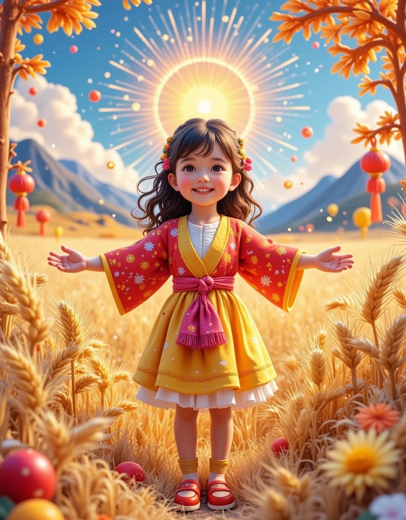 [Vision:1.0]，[Wide Angle:1.0]，Cartoon，Wheat Field，scarecrow，autumn，Colored pencils，Brushstrokes，clean，Ethereal，White，Light and Shadow，Fresh and natural，fairy tale，Rich colors，Abstract composition，Fantasy atmosphere，Dreamy emotions，3d, C4D rendering, 8k, super high detail, Bright colors，Bright，RGB, Colorful)，(High contrast:1.5)，(whole body:1.8), Magazine Photography， Popular on social platforms ，((Dopamineism))，(((Dopamine color matching)))，Facing the screen，Dopamine color，High Saturation， High Contrast， High Definition ，8k，Dopamine，(in the style of Y2K)，Luo Erchun，Three-dimensional ancient style，Oriental Poetry and Painting