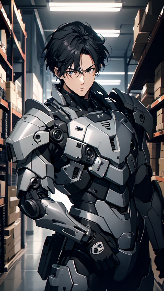 silence，Looking at the items in the warehouse，Warehouse full of supplies，It's dark all around，End of the World，an adult male，youth，Black short hair，look around，Wearing a sophisticated dark gray mecha armor suit，The armor suit has huge and thick limbs，Only the male youth’s hair and face are exposed，Upper body close-up