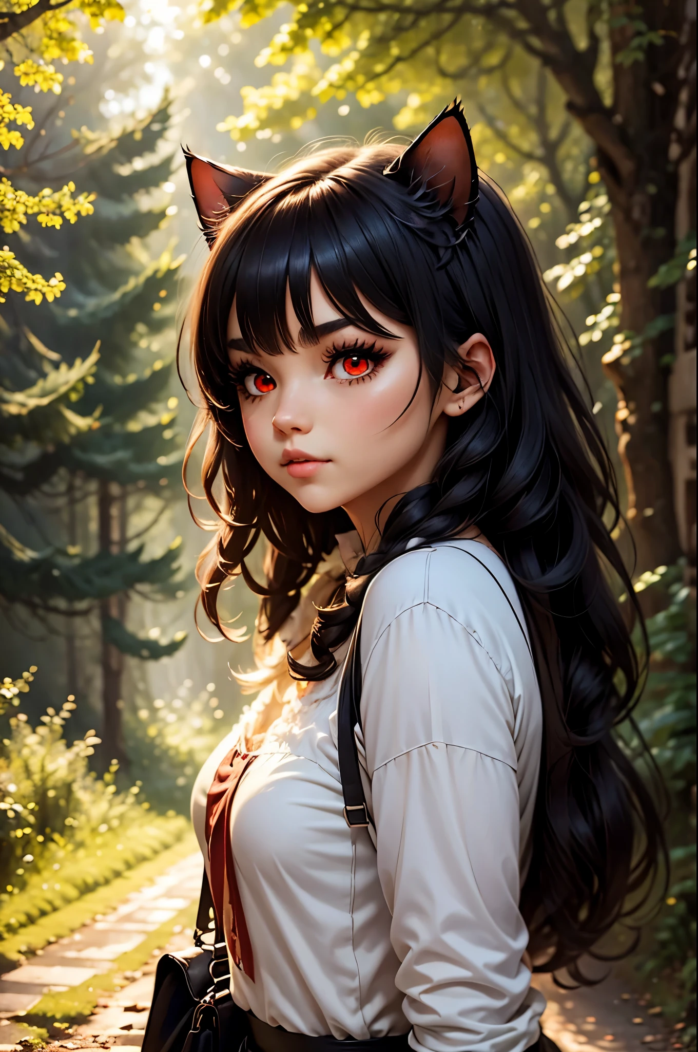 1 chica junkotvv black hair, cat ears, red eyes, en un camino a través del bosque., niebla, paisaje otoñal, sunlight filtering through the niebla and branches