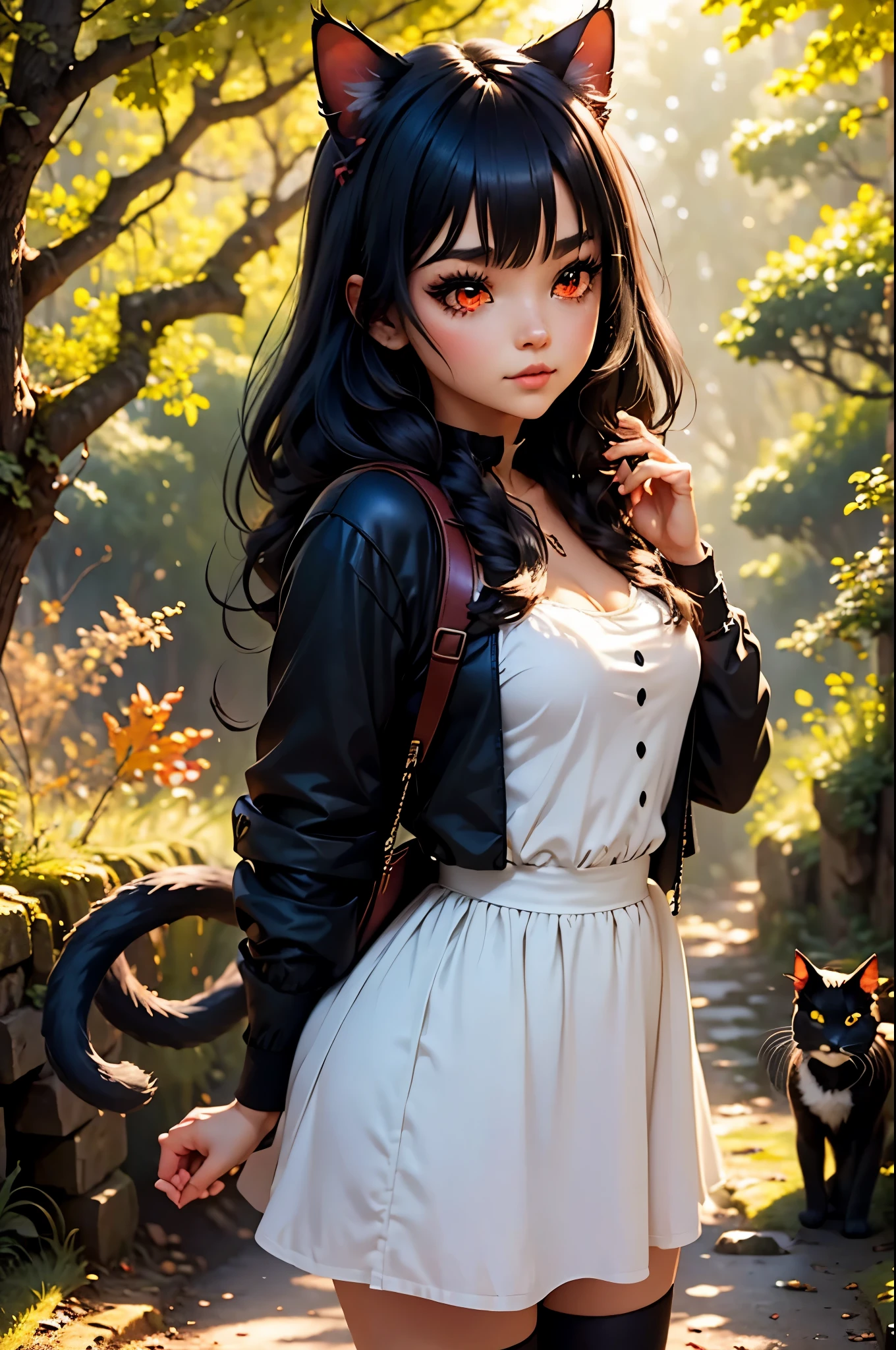 1 chica junkotvv black hair, cat ears, red eyes, en un camino a través del bosque., niebla, paisaje otoñal, sunlight filtering through the niebla and branches