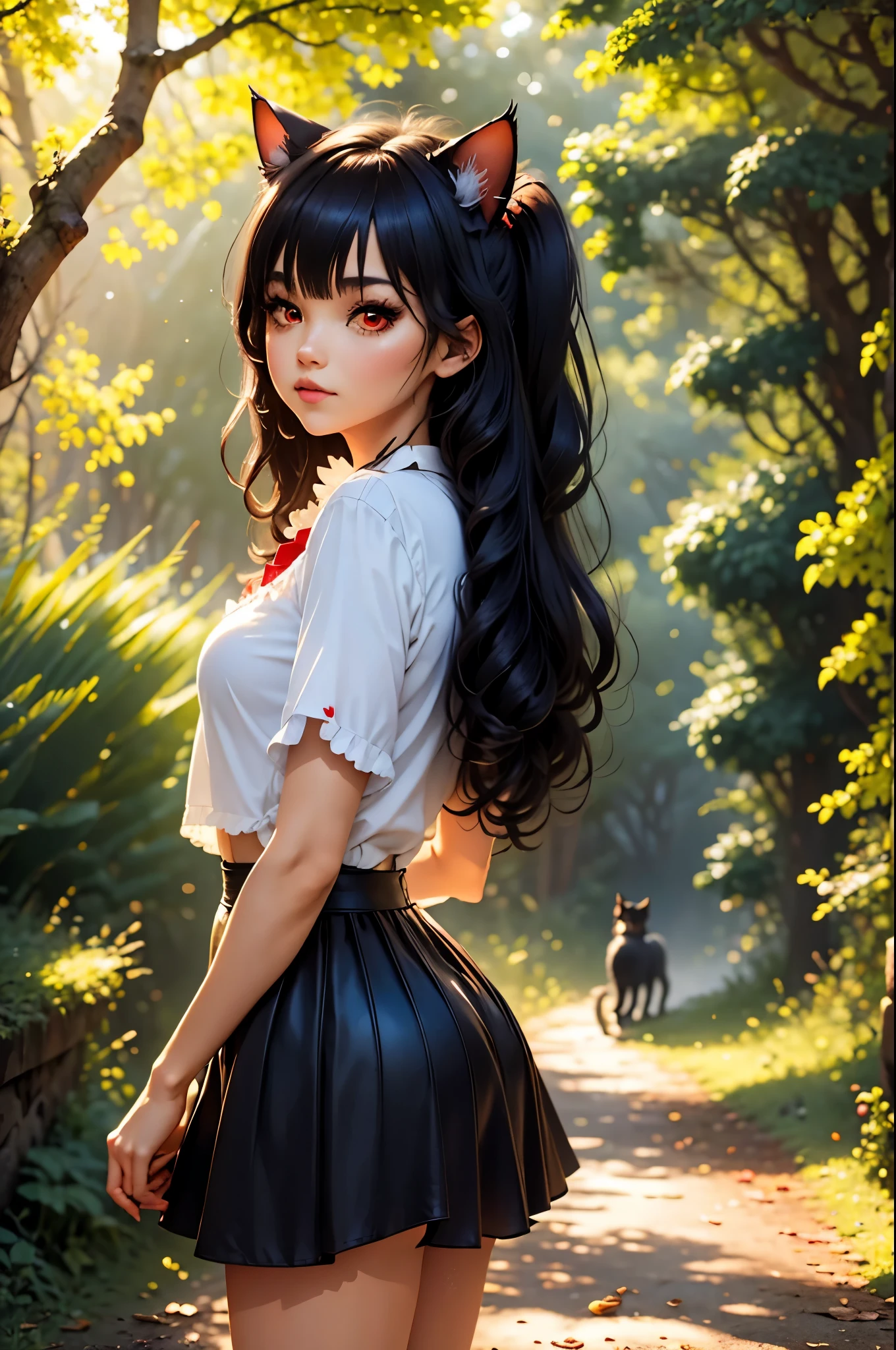 1 chica junkotvv black hair, cat ears, red eyes, en un camino a través del bosque., niebla, paisaje otoñal, sunlight filtering through the niebla and branches