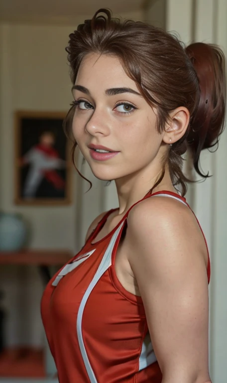 Photo of a 14 year-old american girl, .RAW, beautiful teenage girl, (long brown hair with ponytail), light brown hair ponytail hairstyle((portrait)), ((detailed face:1.2)), (( Detailed facial features )), ( finely detailed skin)  , (Masutepiece) (perfect proportions realistic photos)( The best quality ) (DETAILED)  taken with a Canon EOS R5, 50mm lens, f/2.8, nffsw, (8K) (wallpaper) (cinematic lighting) (dramatic lighting) (sharp focus) (Tangled) medium breasts ,  medium breasts , lots of freckles on cheeks and nose , freckles on chest, full body , beautiful body of a teenage girl,  nice makeup , big smile  , slim statuesque woman , baseball clothing , baseball uniform , foto de full body ,  ready to bat , Base bat Ball  