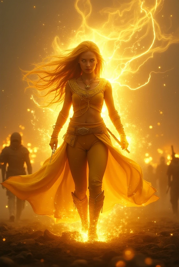 Red-haired woman with bright green eyes, sorceress wearing a black outfit with gold pieces, casting lightning bolts with her hands, behind her is a portal with several runes;, Surrealismo, 4k --auto