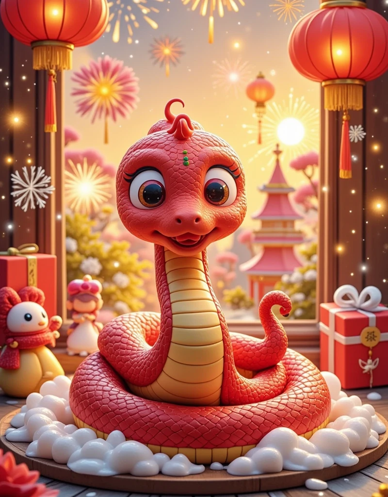 [Vision:1.0]，[Wide Angle:1.0]，masterpiece，（Boutique），Very detailed， looks super detailed ，Anthropomorphism，q version snake ，Big eyes， cute shape ， surrounded by special Chinese New Year gifts，New Year Elements ，The Chinese Year of the Snake ，Red Snake，fireworks，lantern，couplet，snowflake，Chibi，Cartoon，Tempera，illustration，Clay， High Contrast色调，Vivid colors，Complementary colors，Warm colors，Light and Shadow，Fresh and natural，fairy tale，Rich colors，Abstract composition，Fantasy atmosphere，Dreamy emotions，3d, C4D rendering, 8k, super high detail, Bright colors，Bright，RGB, Colorful)，(High contrast:1.5)，(whole body:1.8), Magazine Photography， Popular on social platforms ，((Dopamineism))，(((Dopamine color matching)))，Facing the screen，Dopamine color，High Saturation， High Contrast， High Definition ，8k，Dopamine，(in the style of Y2K)，Luo Erchun，Three-dimensional ancient style，Oriental Poetry and Painting